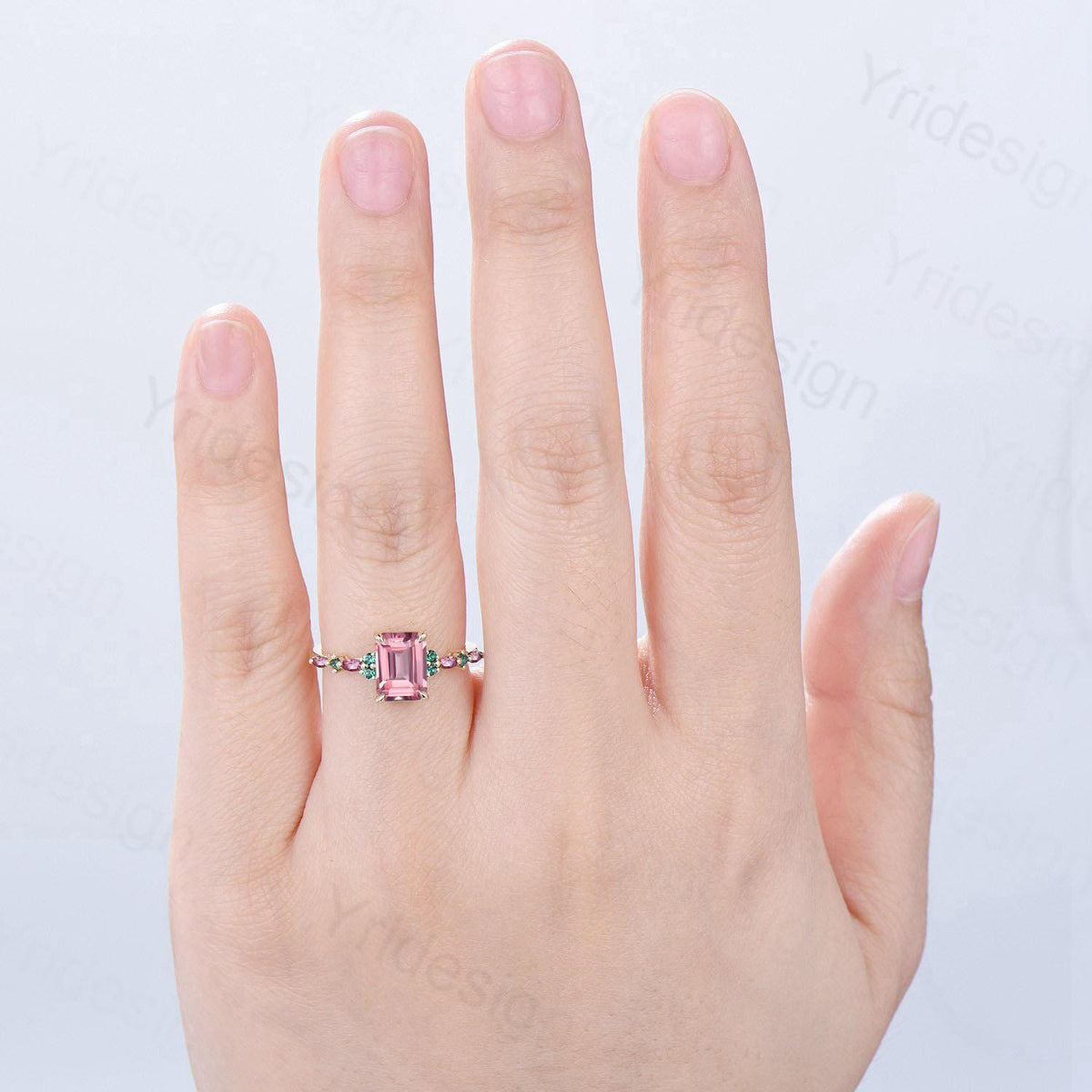 Vintage Padparadscha sapphire Engagement Ring Yellow Gold Pink Tourmaline and Emerald Wedding Band Pink Crystal Anniversary Ring For Women