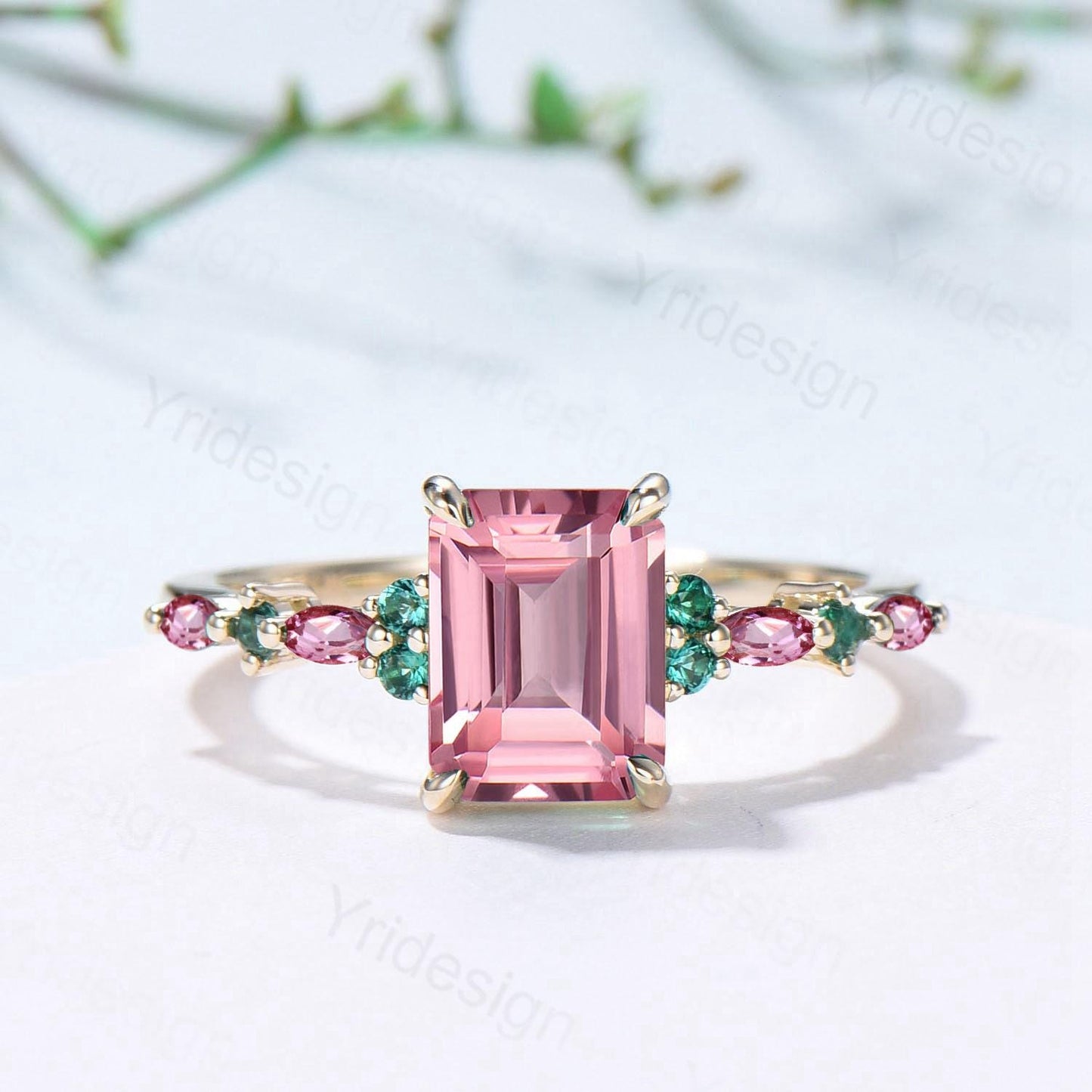 Vintage Padparadscha sapphire Engagement Ring Yellow Gold Pink Tourmaline and Emerald Wedding Band Pink Crystal Anniversary Ring For Women