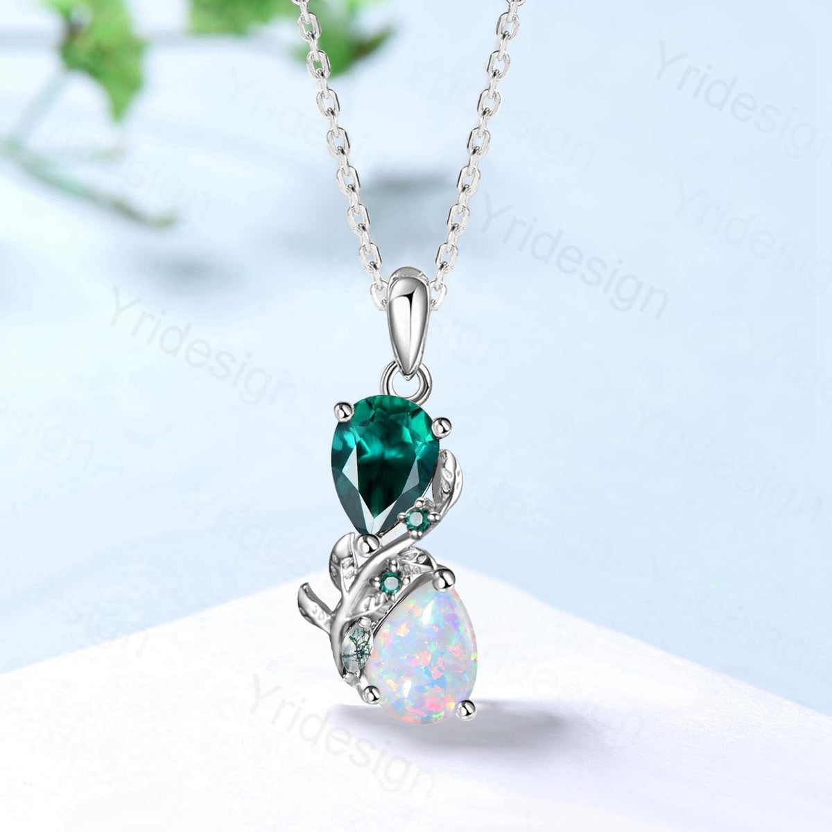 Nature Inspired Opal Emerald Pendant Necklace Women Unique Alternative Moss Agate Necklace Branch Snake pear shaped leaf pendant mom's gift