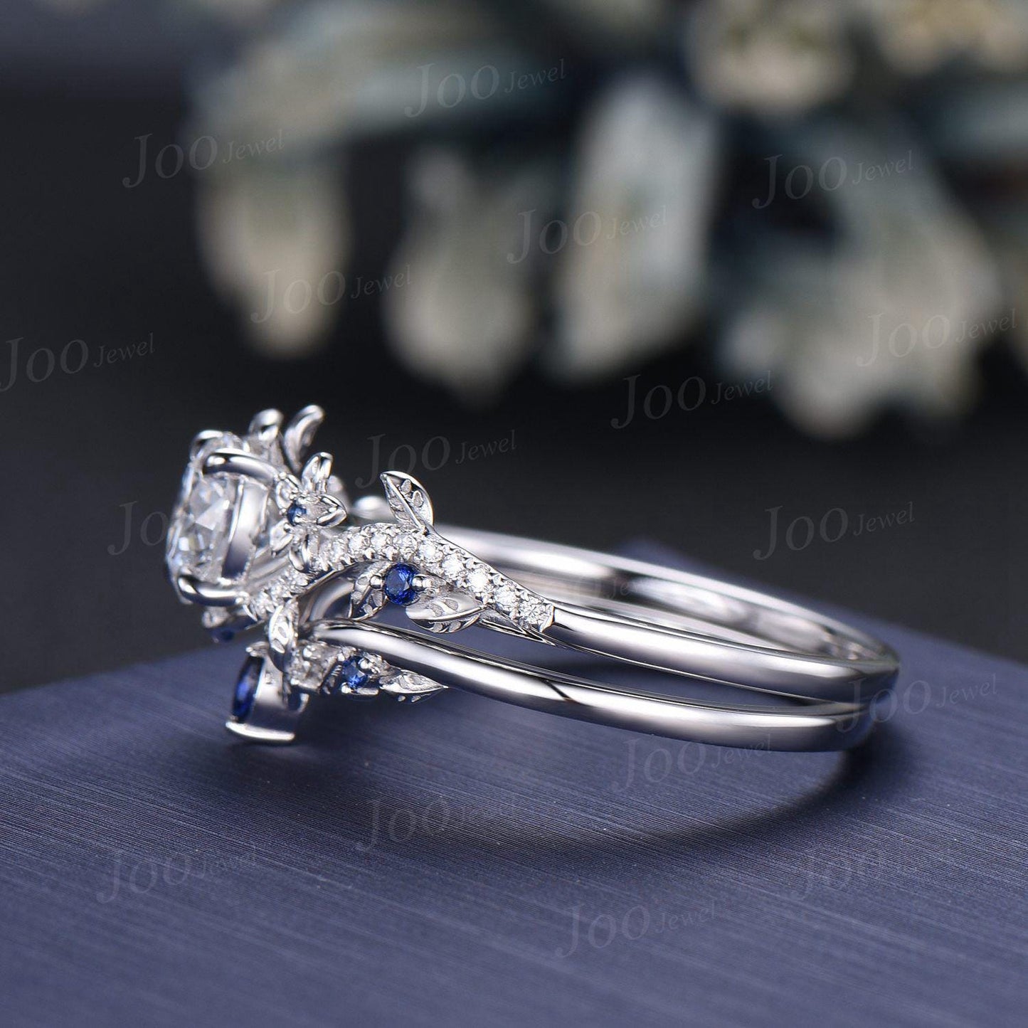 1ct Round Cut Moissanite Engagement Ring Set Sterling Silver Diamond Sapphire Leaf Floral Wedding Bridal Set Unique Proposal Gifts for Women