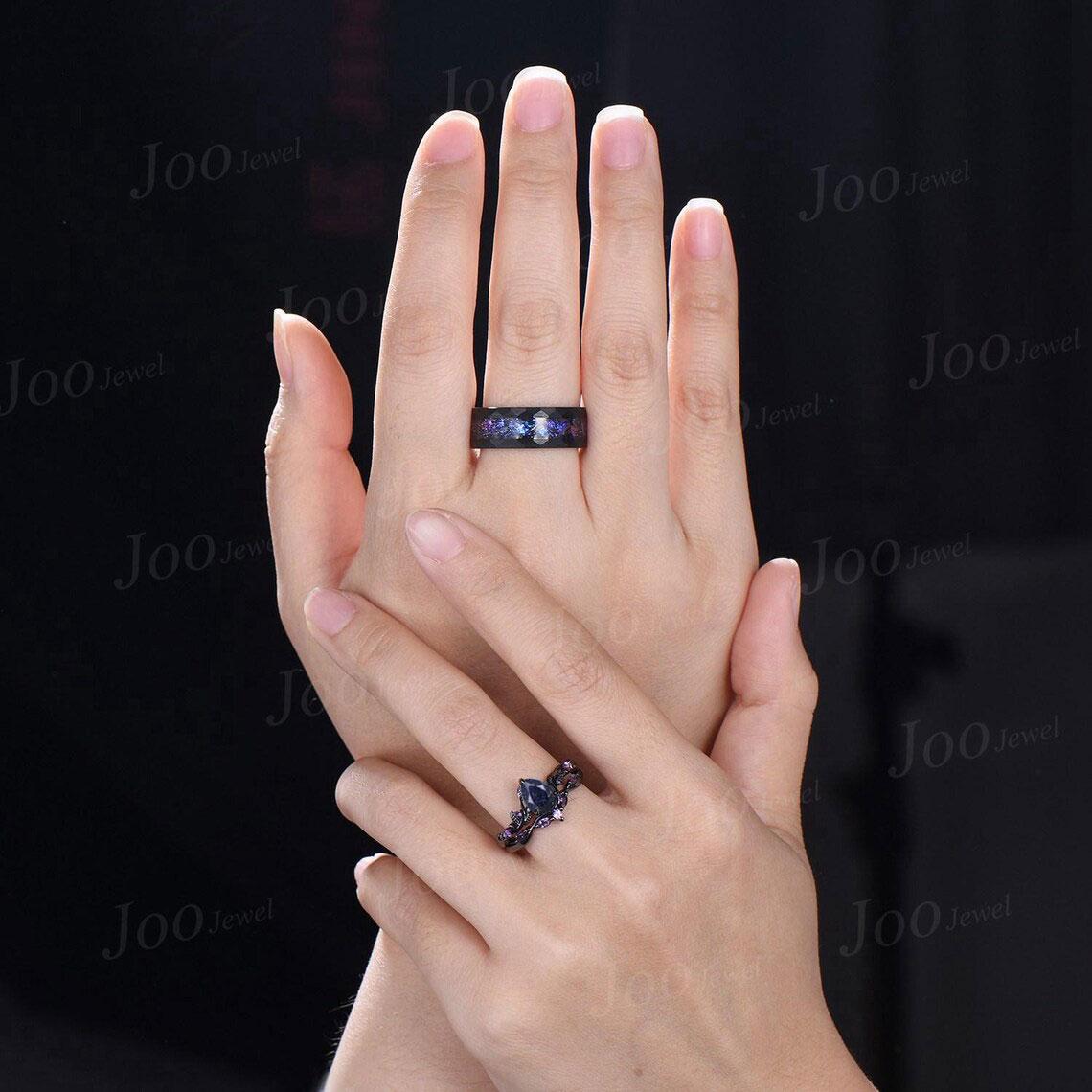 2pcs Galaxy Blue Sandstone Couple Ring Set Nature Inspired Gothic His and Her Black Wedding Ring Set Men No-Fading Tungsten Matching Rings