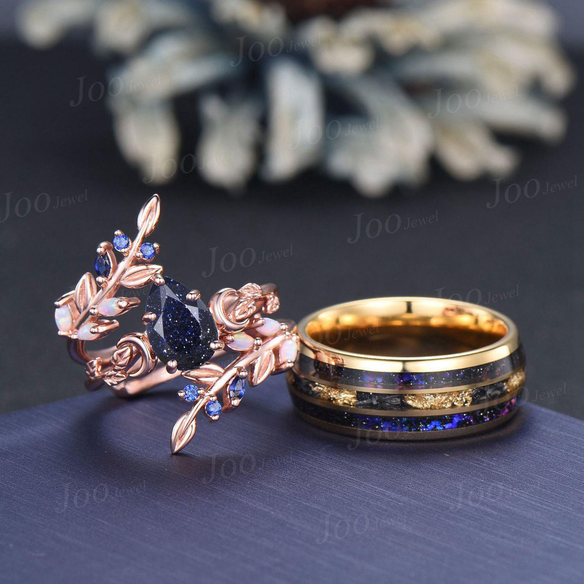 Galaxy Blue Sandstone Couple Wedding Ring Set | Pear Bridal Ring | Enhancer Leaf Band | Tungsten Nebula Promise Ring Men | Anniversary Gift