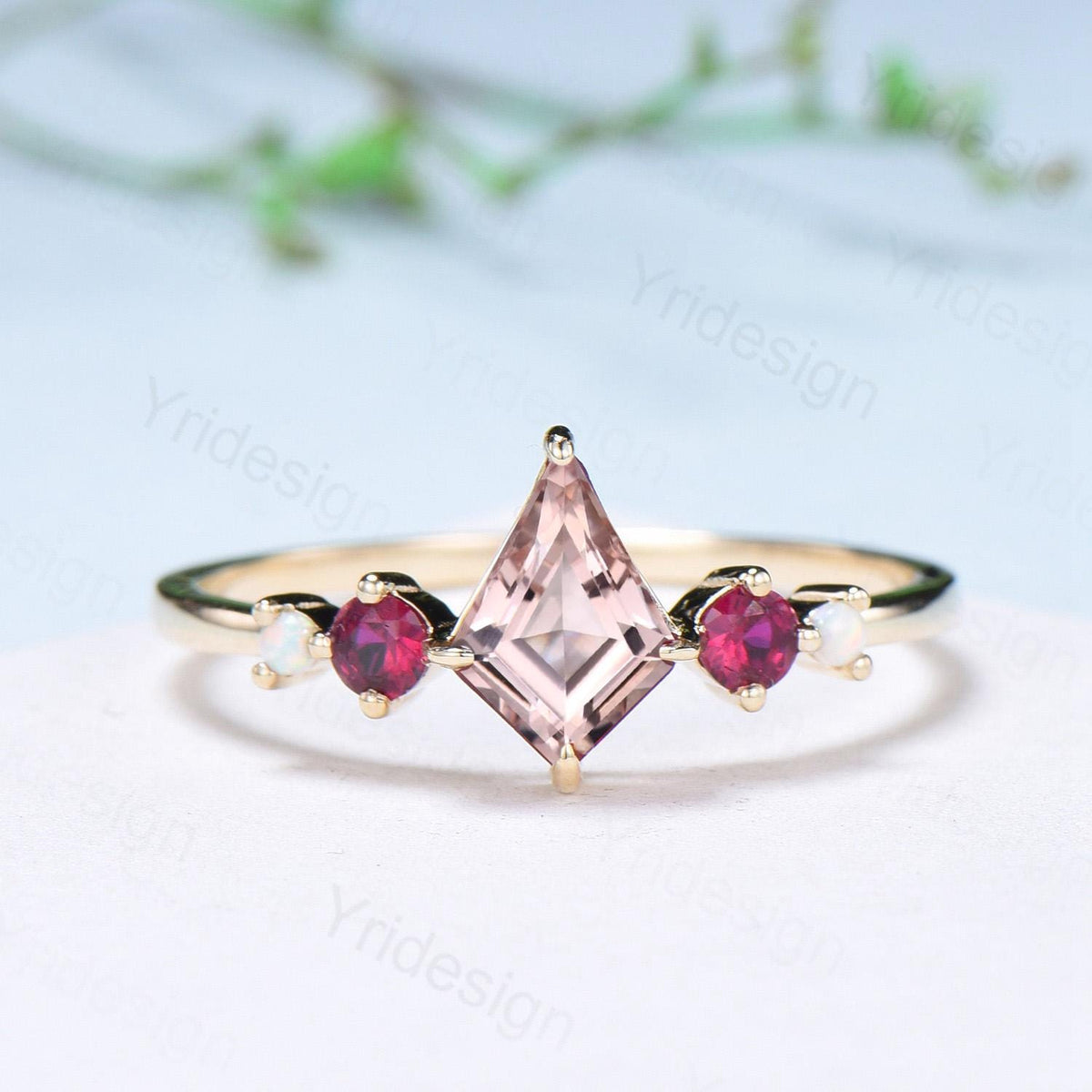 Vintage Kite Cut Morganite Engagement Ring Set Five Stone Ruby Natural Morganite Bridal Wedding ring Set Art Deco Anniversary Promise Gifts