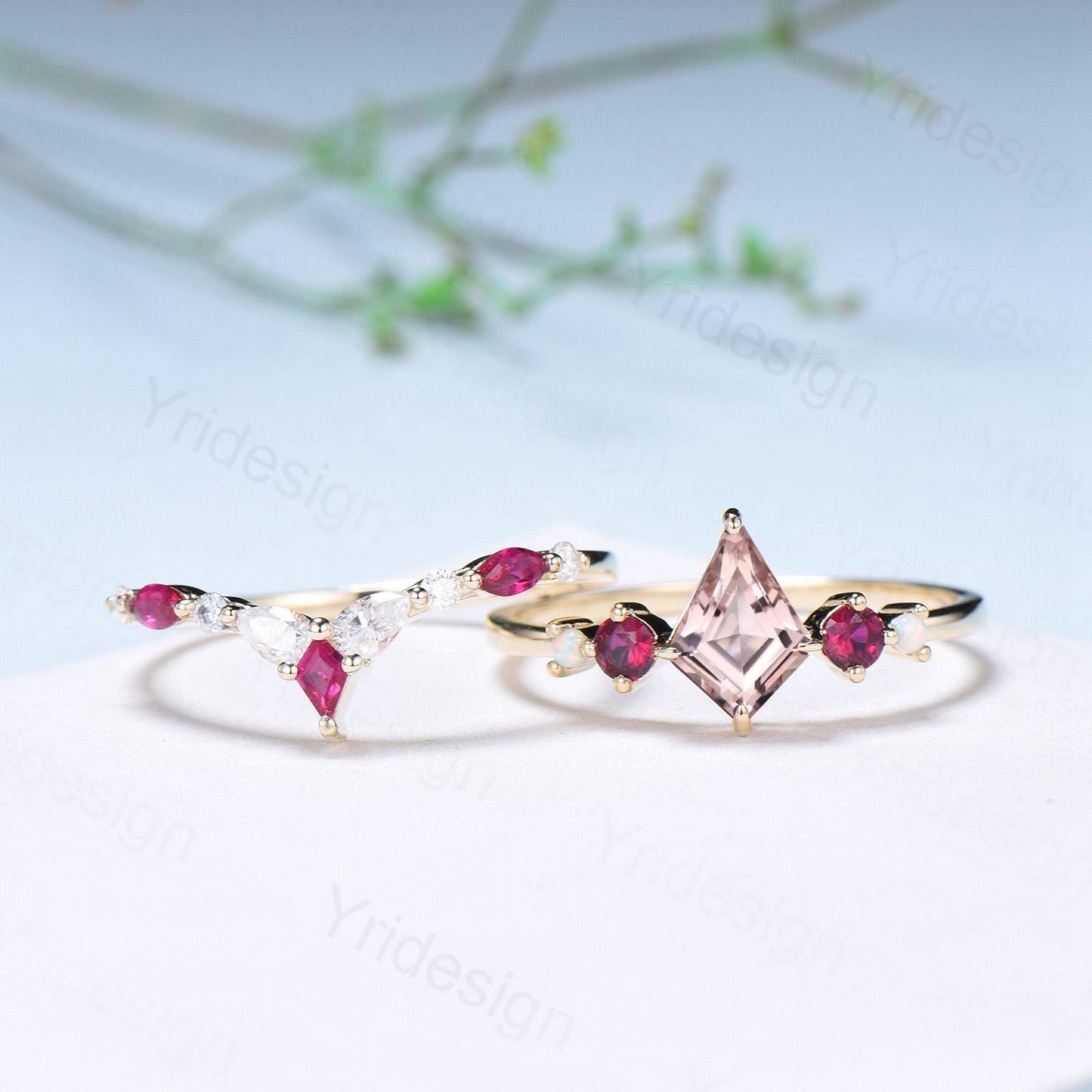 Vintage Kite Cut Morganite Engagement Ring Set Five Stone Ruby Natural Morganite Bridal Wedding ring Set Art Deco Anniversary Promise Gifts