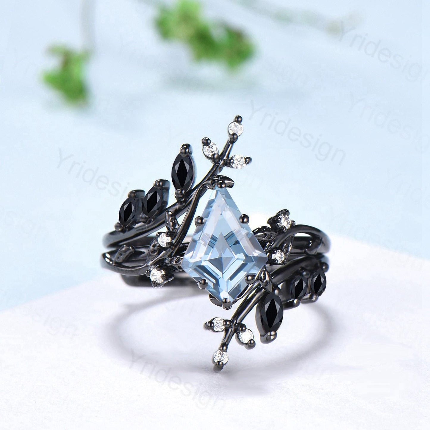 Gothic Aquamarine ring set Unique 7x10mm kite cut aquamarine engagement ring set black gold marquise moonstone nature inspired wedding set