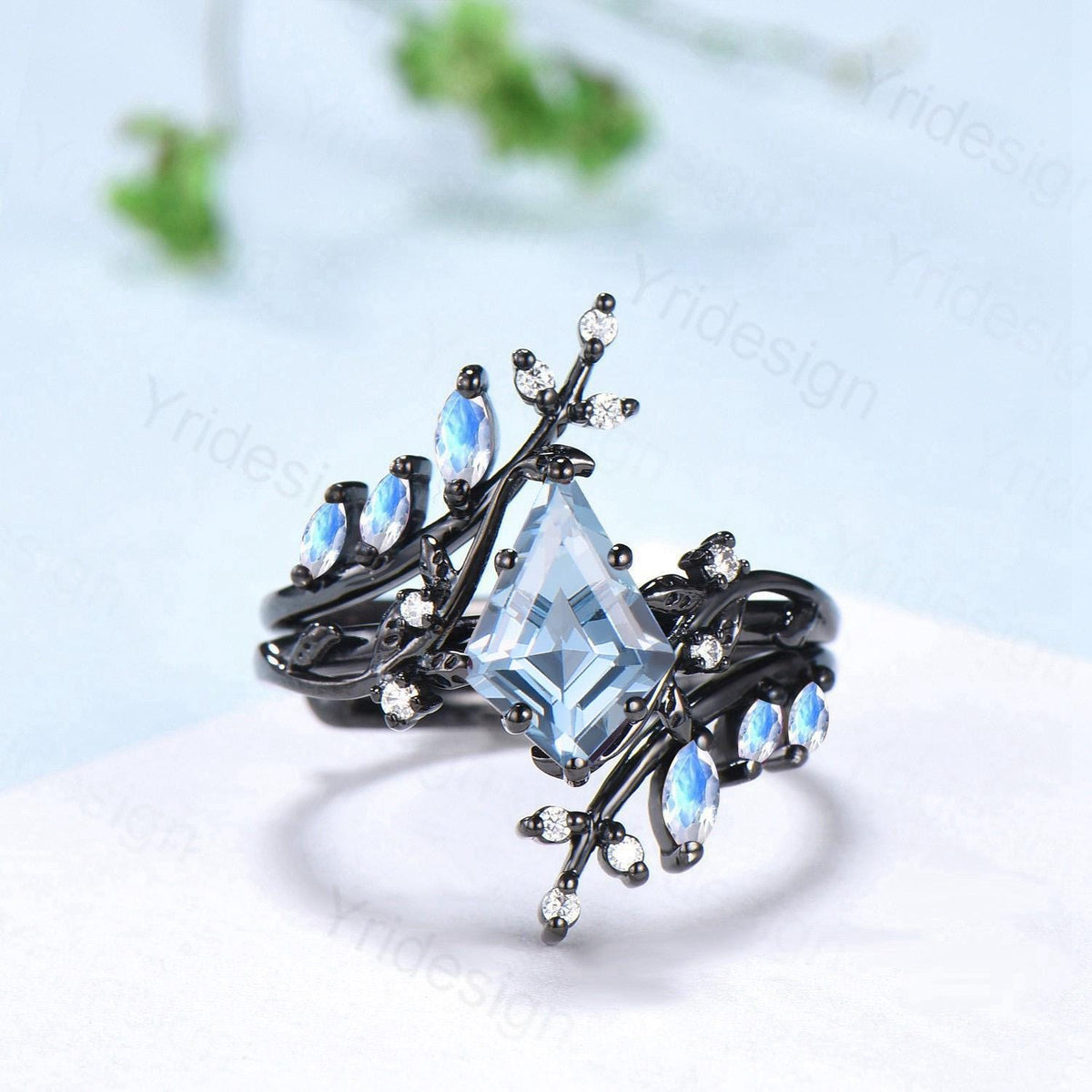 Gothic Aquamarine ring set Unique 7x10mm kite cut aquamarine engagement ring set black gold marquise moonstone nature inspired wedding set