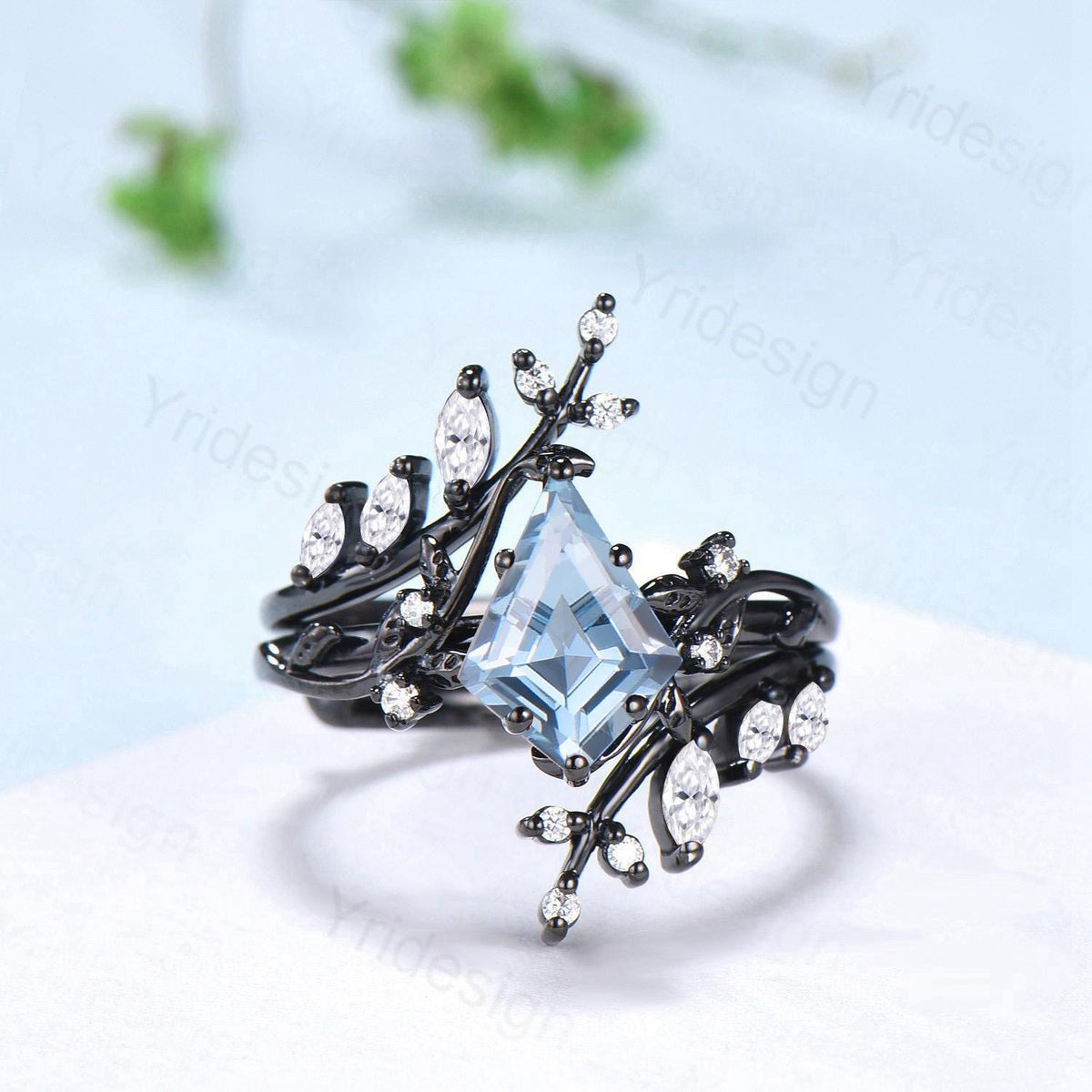 Gothic Aquamarine ring set Unique 7x10mm kite cut aquamarine engagement ring set black gold marquise moonstone nature inspired wedding set