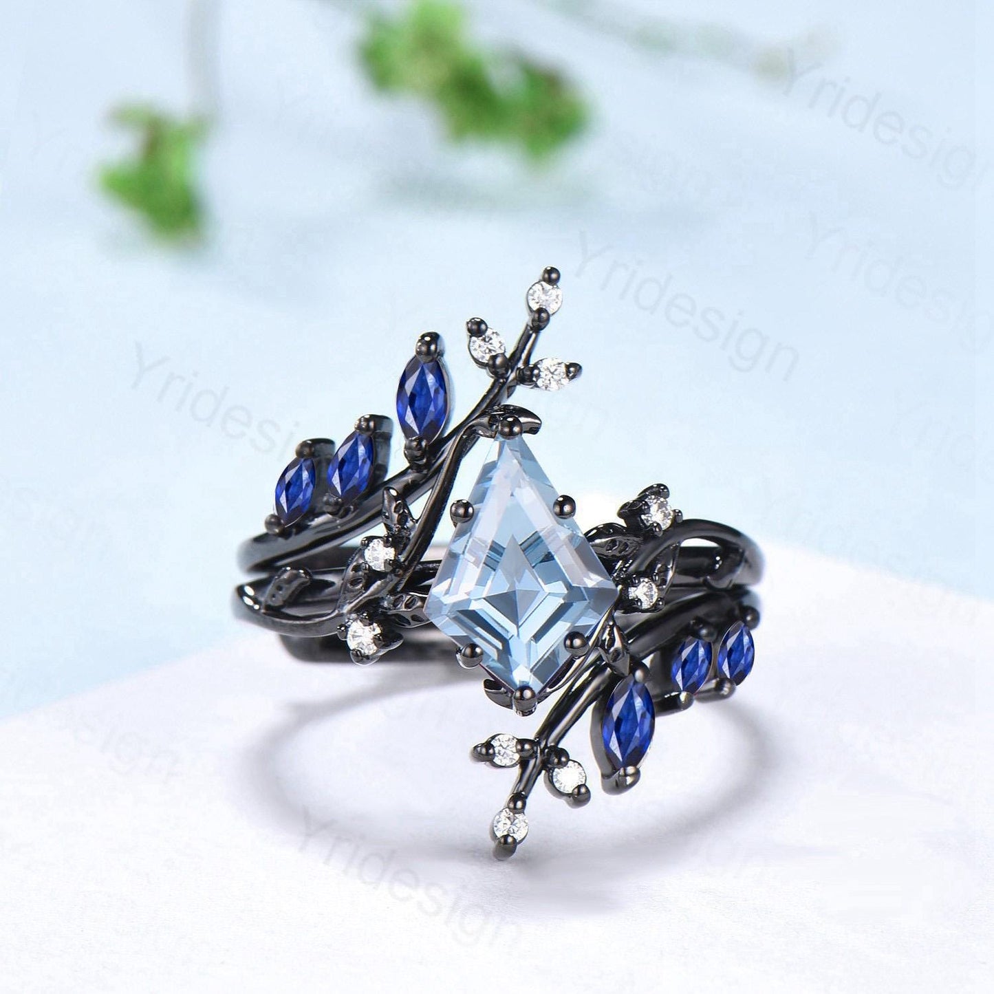 Gothic Aquamarine ring set Unique 7x10mm kite cut aquamarine engagement ring set black gold marquise moonstone nature inspired wedding set
