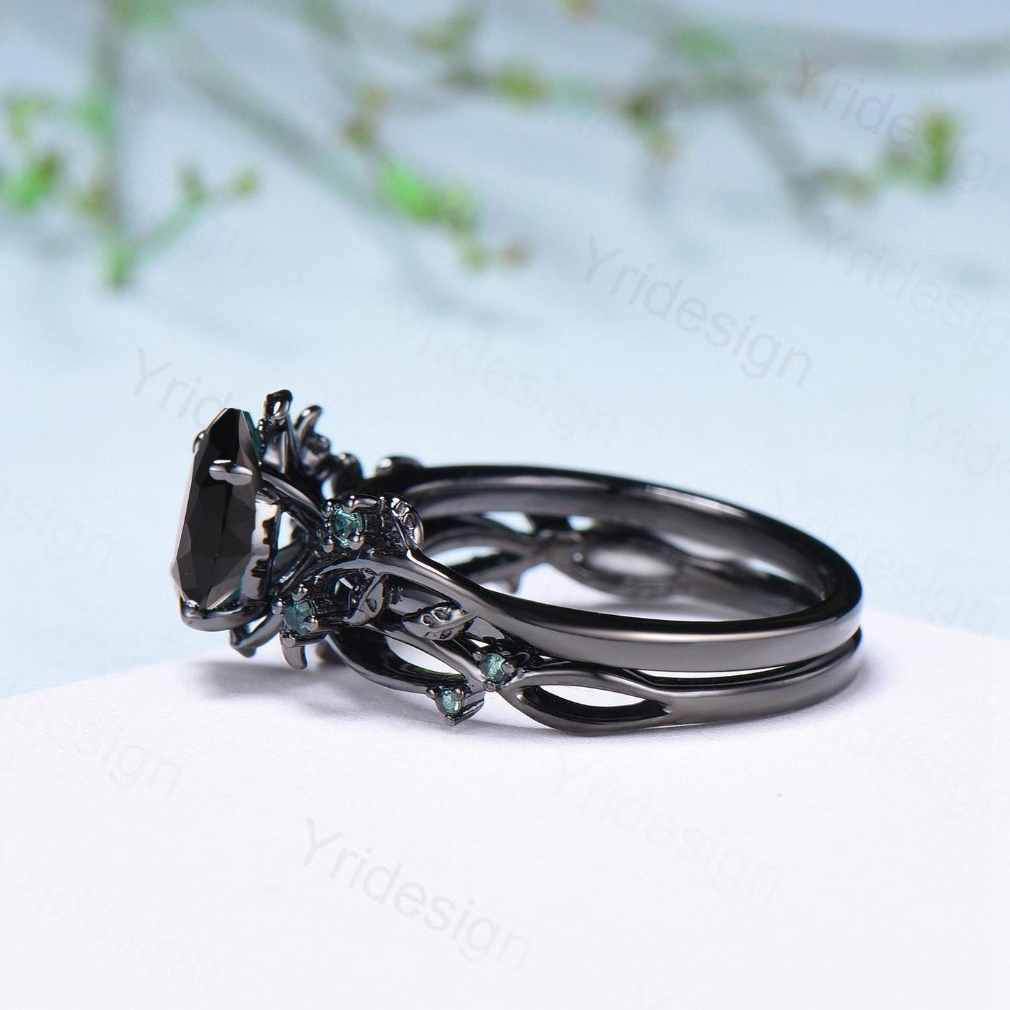 Pear shaped natural black onyx engagement ring set leaf design emerald gothic wedding set twig vine nature inspired emerald 2pcs bridal set