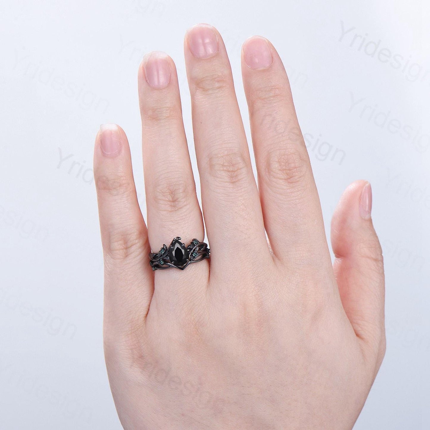 Pear shaped natural black onyx engagement ring set leaf design emerald gothic wedding set twig vine nature inspired emerald 2pcs bridal set
