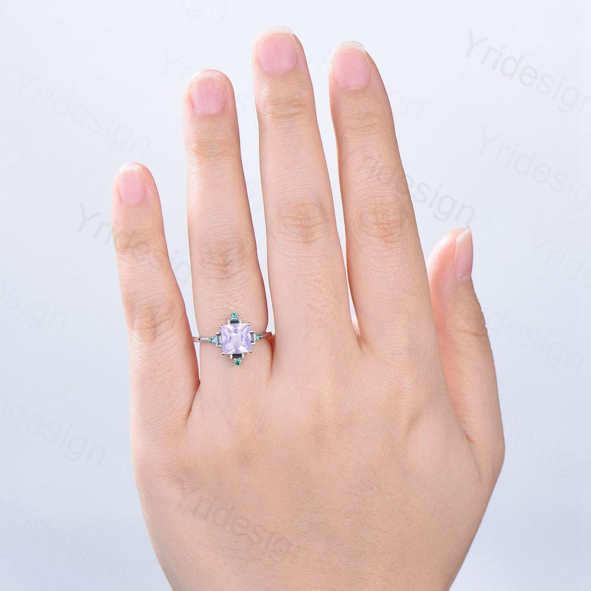 Unique 2 carat princess cut lavender amethyst ring halo baguette alexandrite purple engagement ring 14k white gold art deco anniversary gift