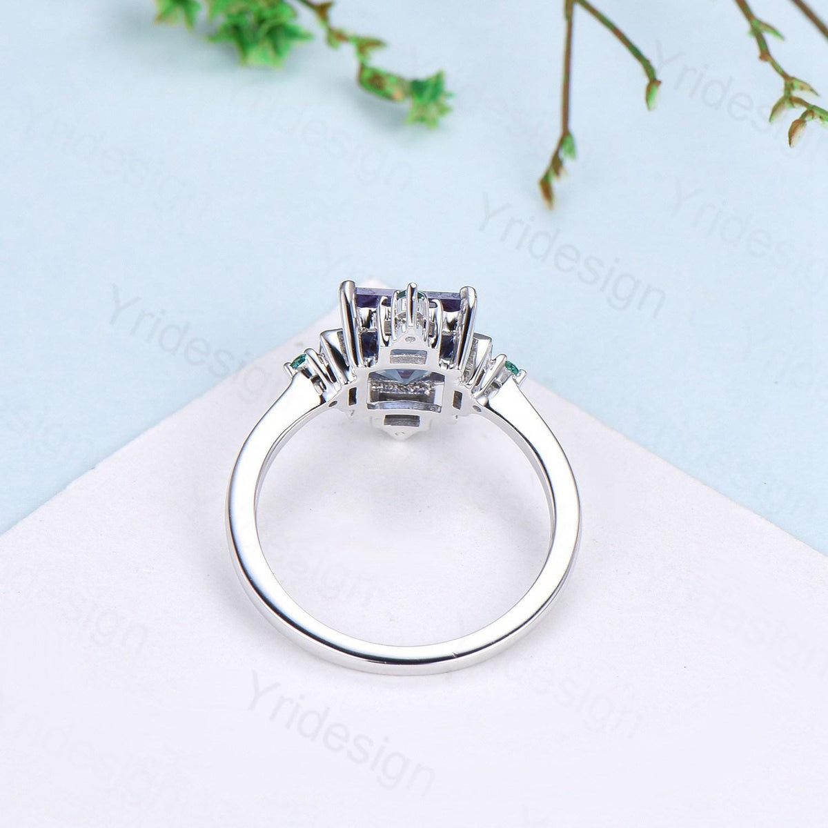 Unique 2 carat princess cut lavender amethyst ring halo baguette alexandrite purple engagement ring 14k white gold art deco anniversary gift