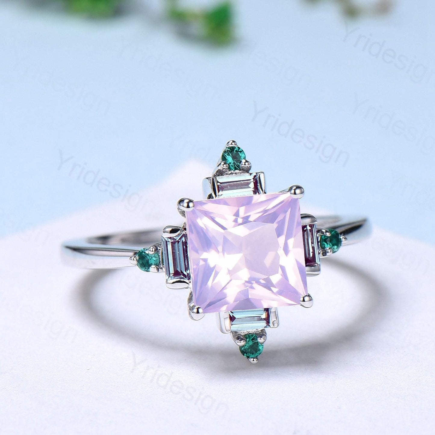 Unique 2 carat princess cut lavender amethyst ring halo baguette alexandrite purple engagement ring 14k white gold art deco anniversary gift