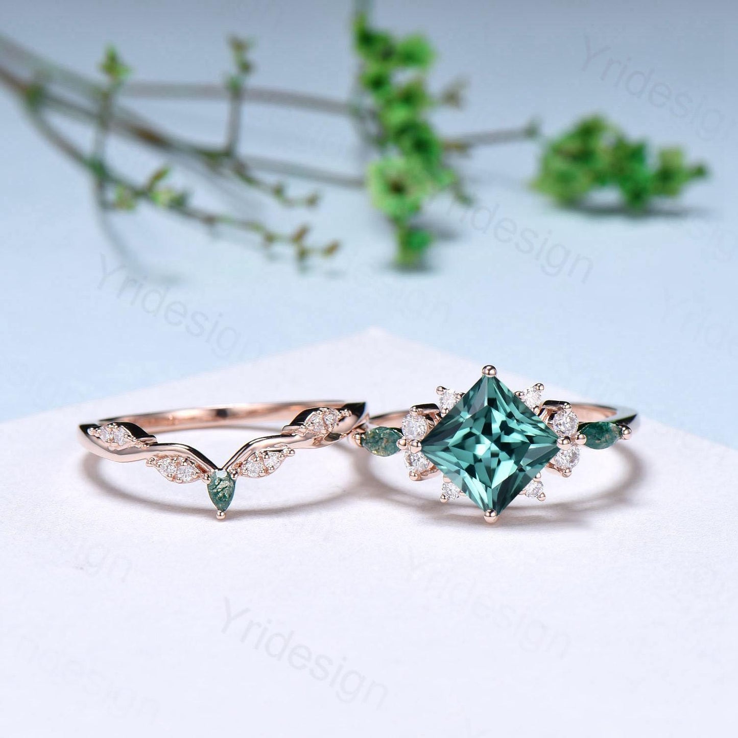 Vintage 2CT Princess Cut Green Sapphire Engagement Ring Set Cluster Marquise Moss Agate Wedding Ring Set 2pcs 14K Rose Gold Bridal Ring Set