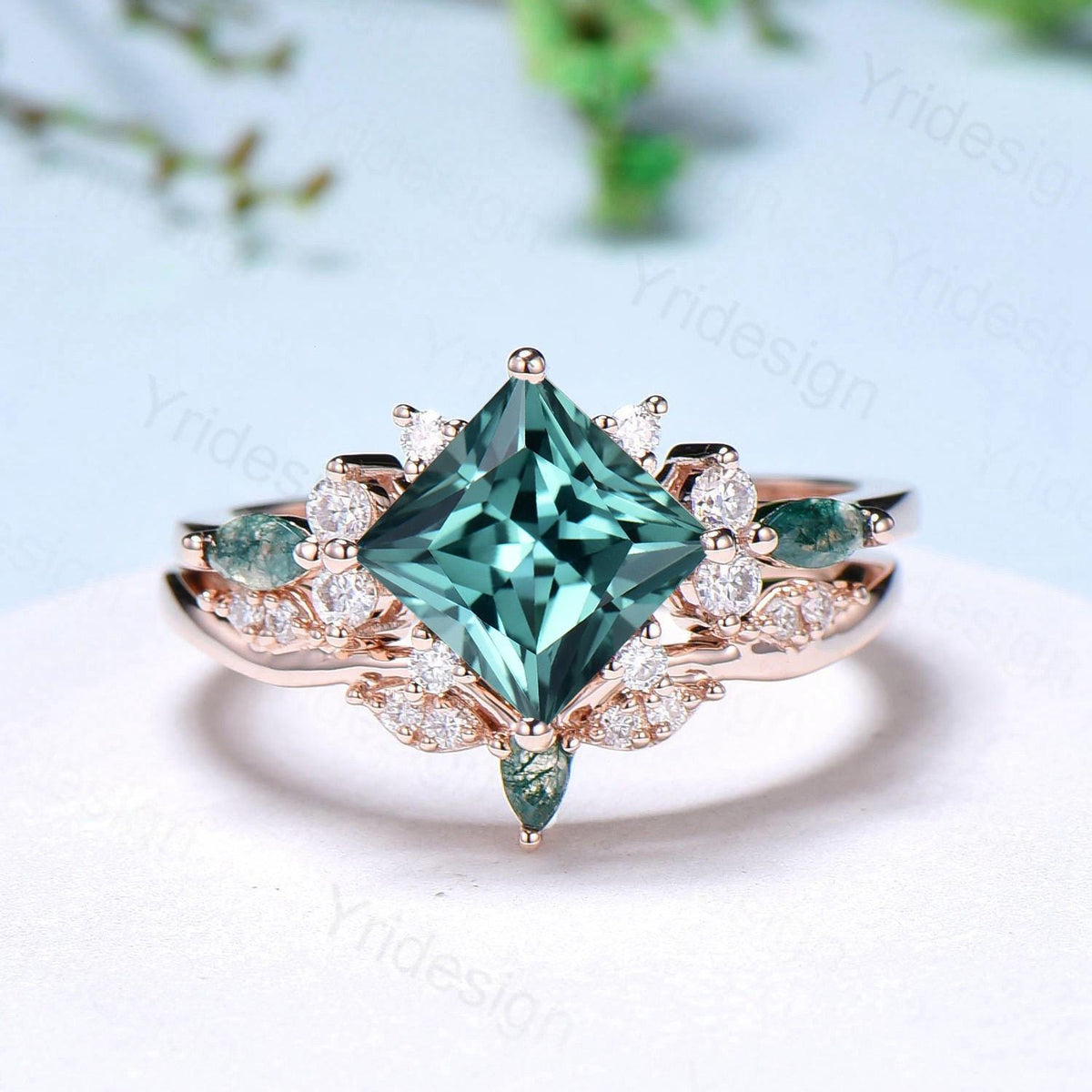 Vintage 2CT Princess Cut Green Sapphire Engagement Ring Set Cluster Marquise Moss Agate Wedding Ring Set 2pcs 14K Rose Gold Bridal Ring Set