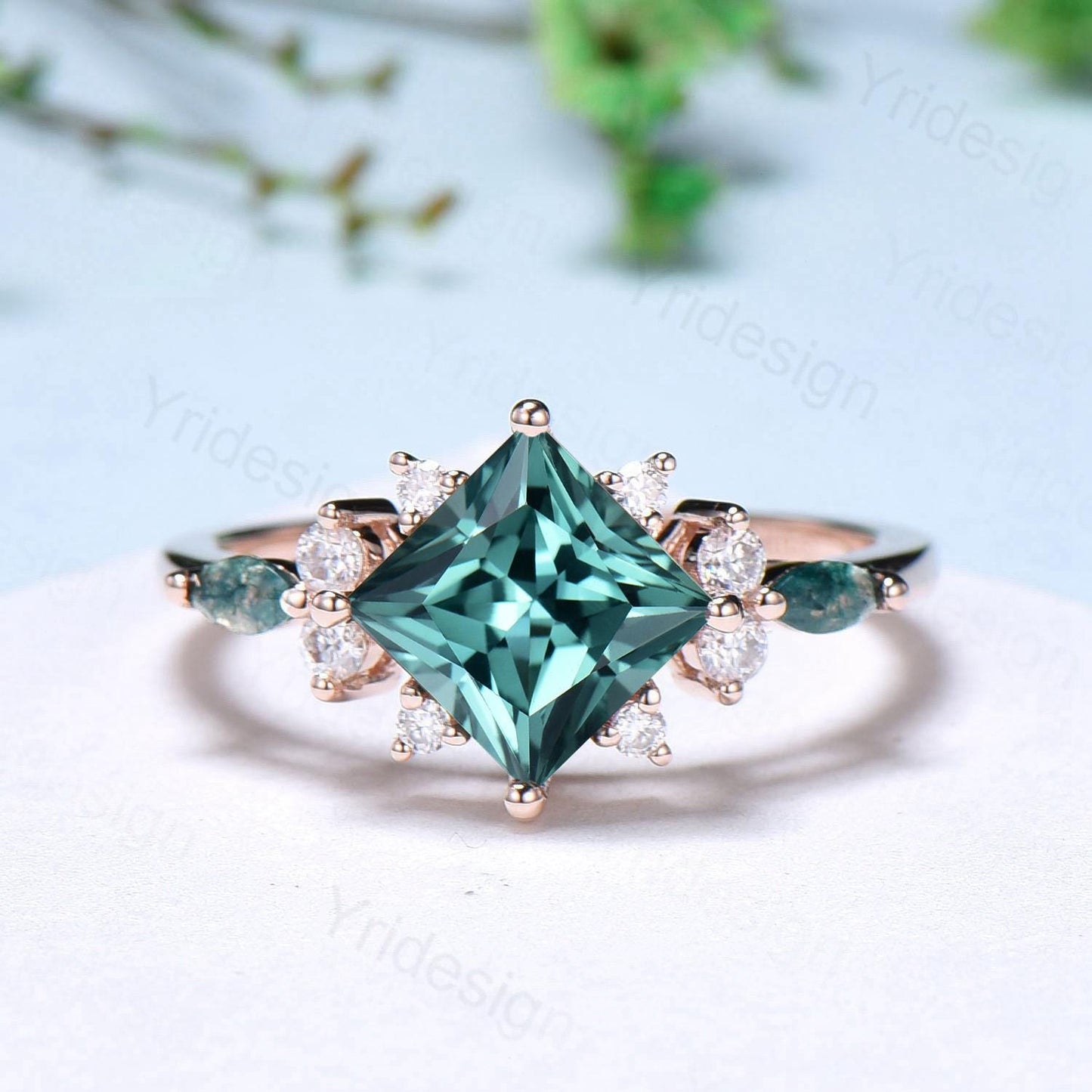 Vintage 2CT Princess Cut Green Sapphire Engagement Ring Set Cluster Marquise Moss Agate Wedding Ring Set 2pcs 14K Rose Gold Bridal Ring Set