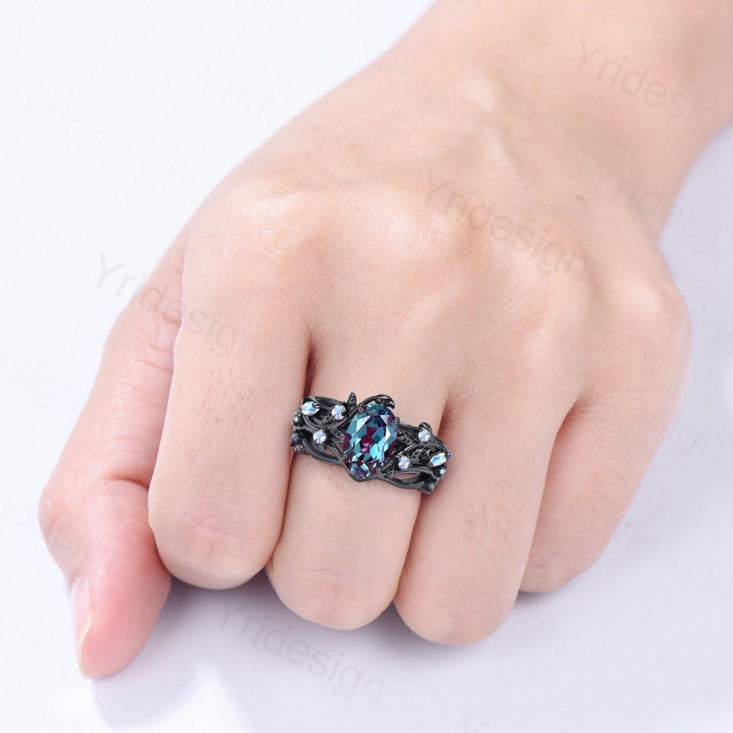 Unique Black Gold Oval Alexandrite Moonstone Engagement Ring Set Nature Inspired Twig Opal Wedding Band  branch June birthstone bridal set