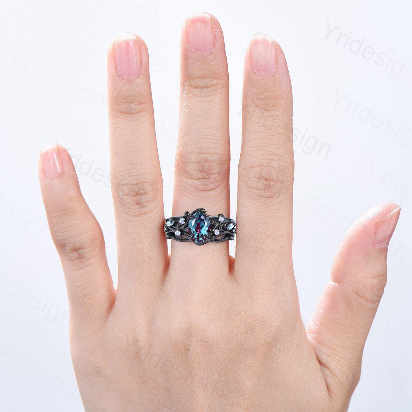 Unique Black Gold Oval Alexandrite Moonstone Engagement Ring Set Nature Inspired Twig Opal Wedding Band  branch June birthstone bridal set
