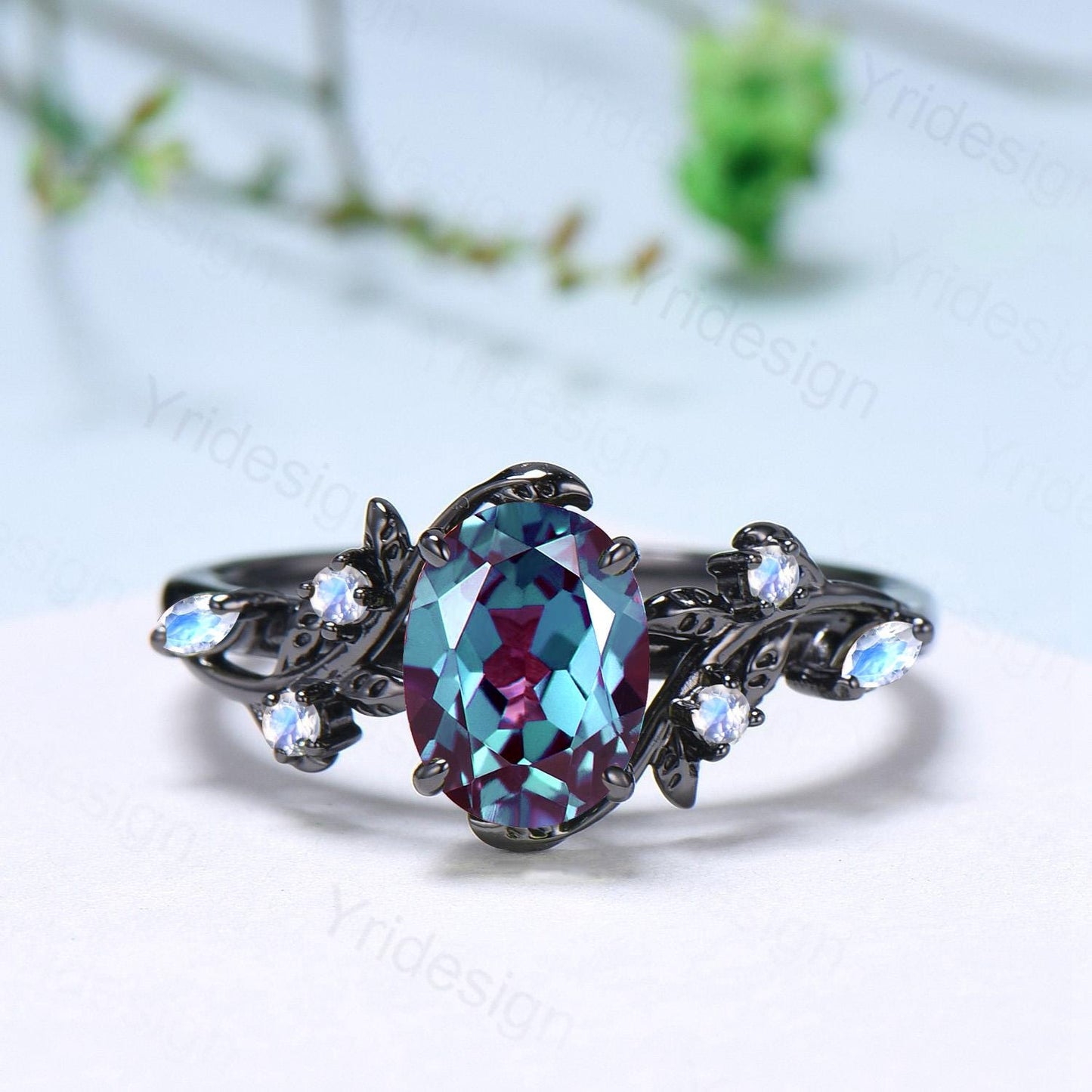 Unique Black Gold Oval Alexandrite Moonstone Engagement Ring Set Nature Inspired Twig Opal Wedding Band  branch June birthstone bridal set