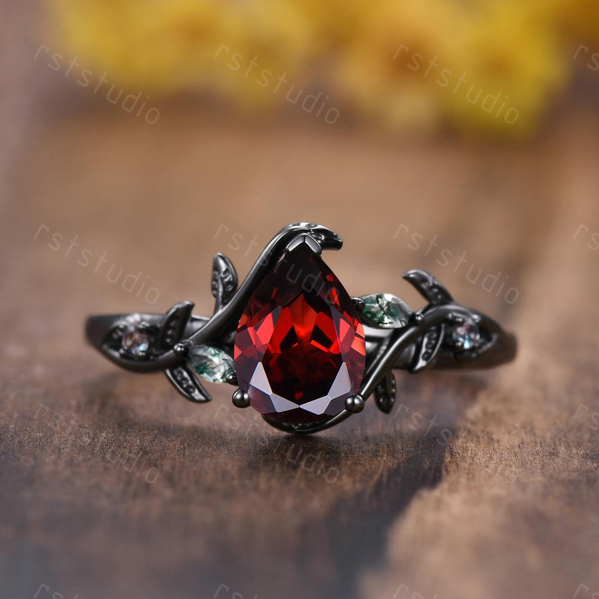 Mens Gothic Red Garnet Ring: Black Gold Hexagon Wedding Band