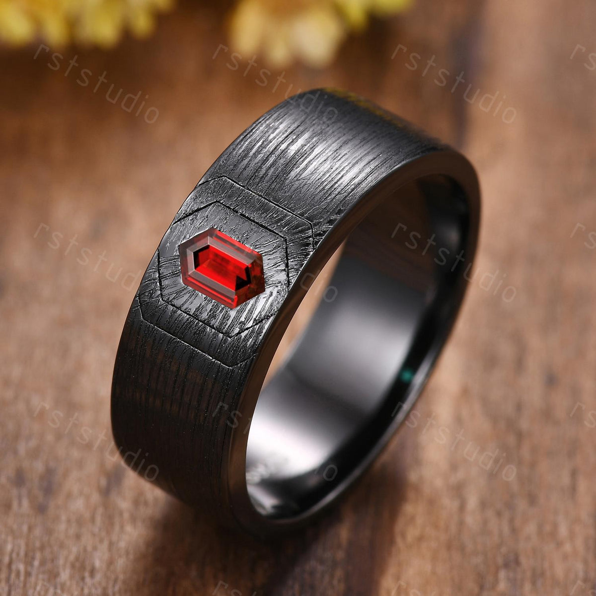 Mens Gothic Red Garnet Ring: Black Gold Hexagon Wedding Band
