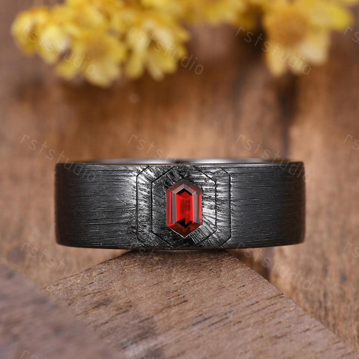 Mens Gothic Red Garnet Ring: Black Gold Hexagon Wedding Band