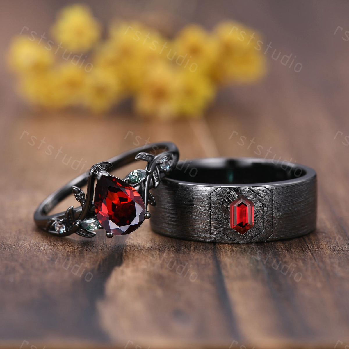 Mens Gothic Red Garnet Ring: Black Gold Hexagon Wedding Band