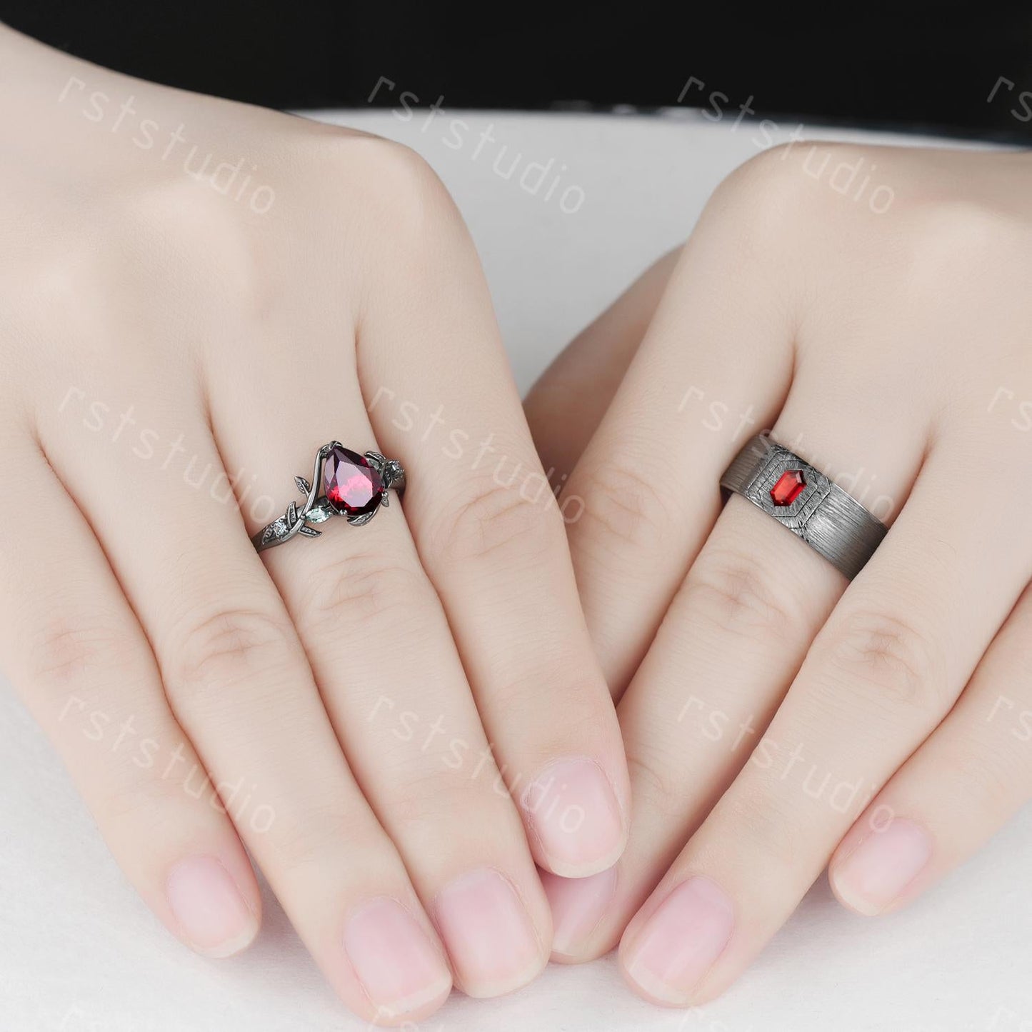 Mens Gothic Red Garnet Ring: Black Gold Hexagon Wedding Band
