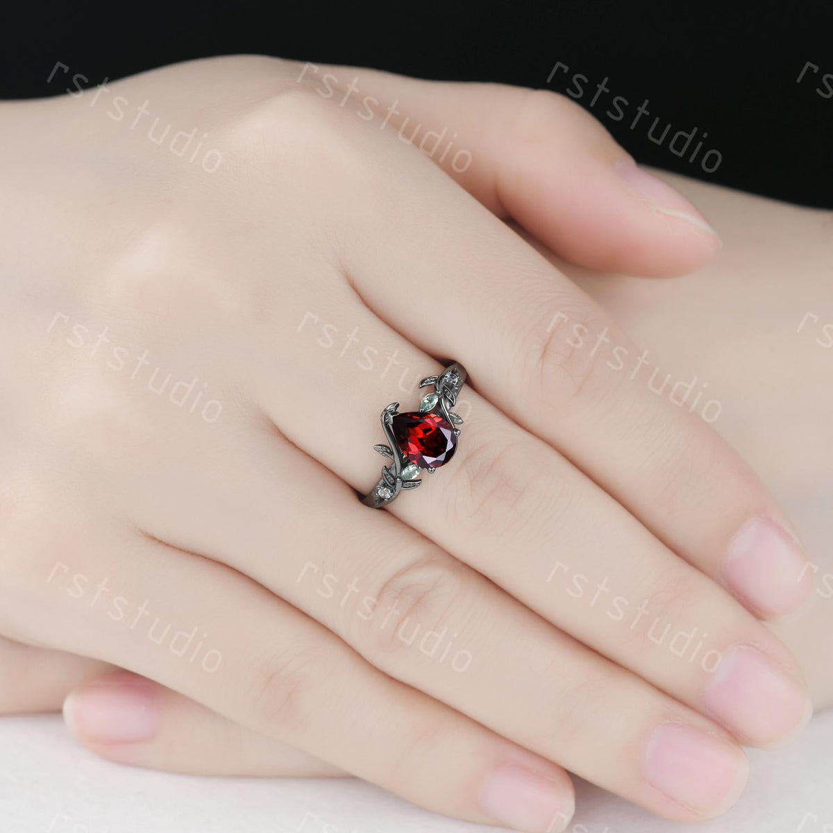 Mens Gothic Red Garnet Ring: Black Gold Hexagon Wedding Band