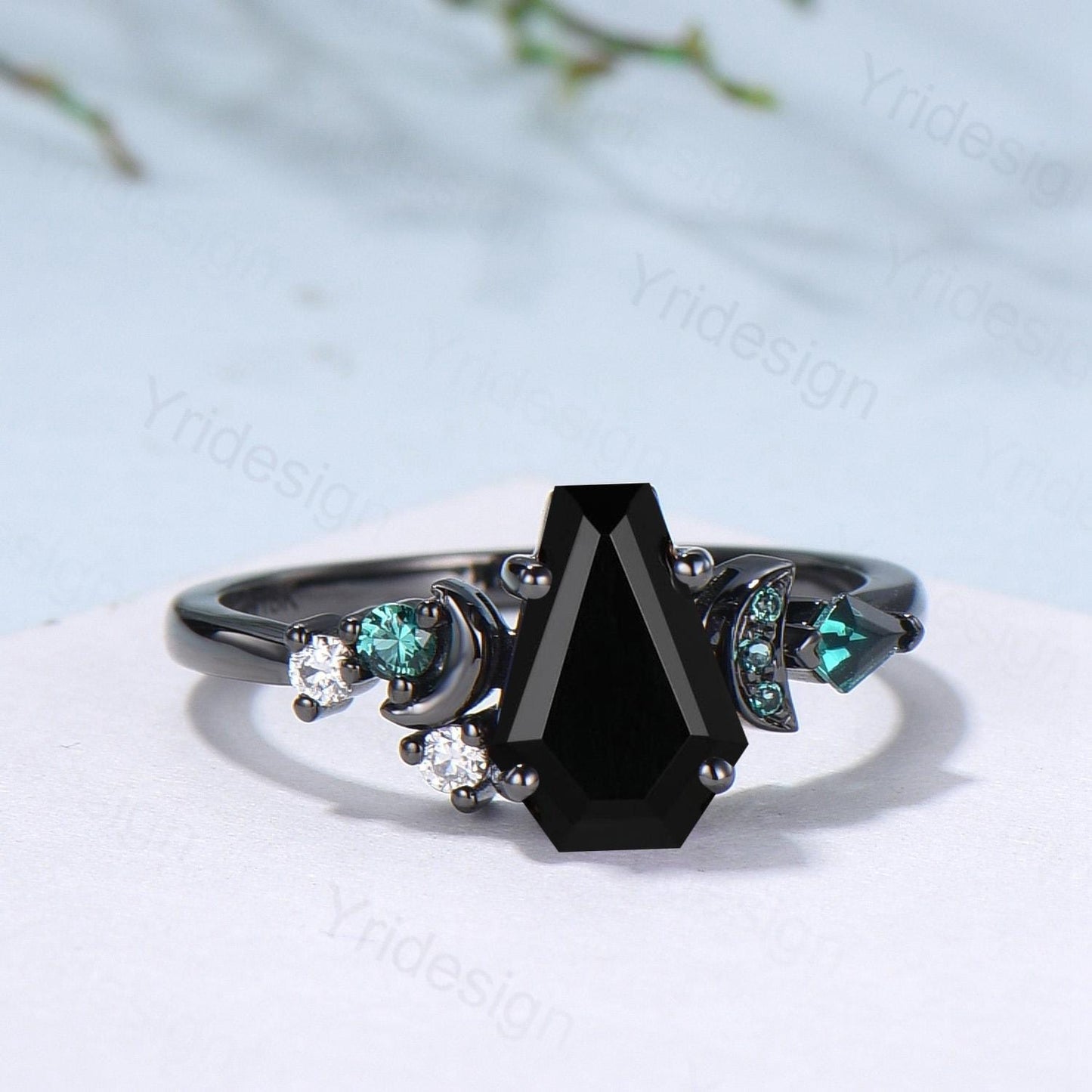 Coffin cut black onyx ring Black gold gothic engagement ring moon design cluster emerald wedding ring vintage anniversary promise ring women