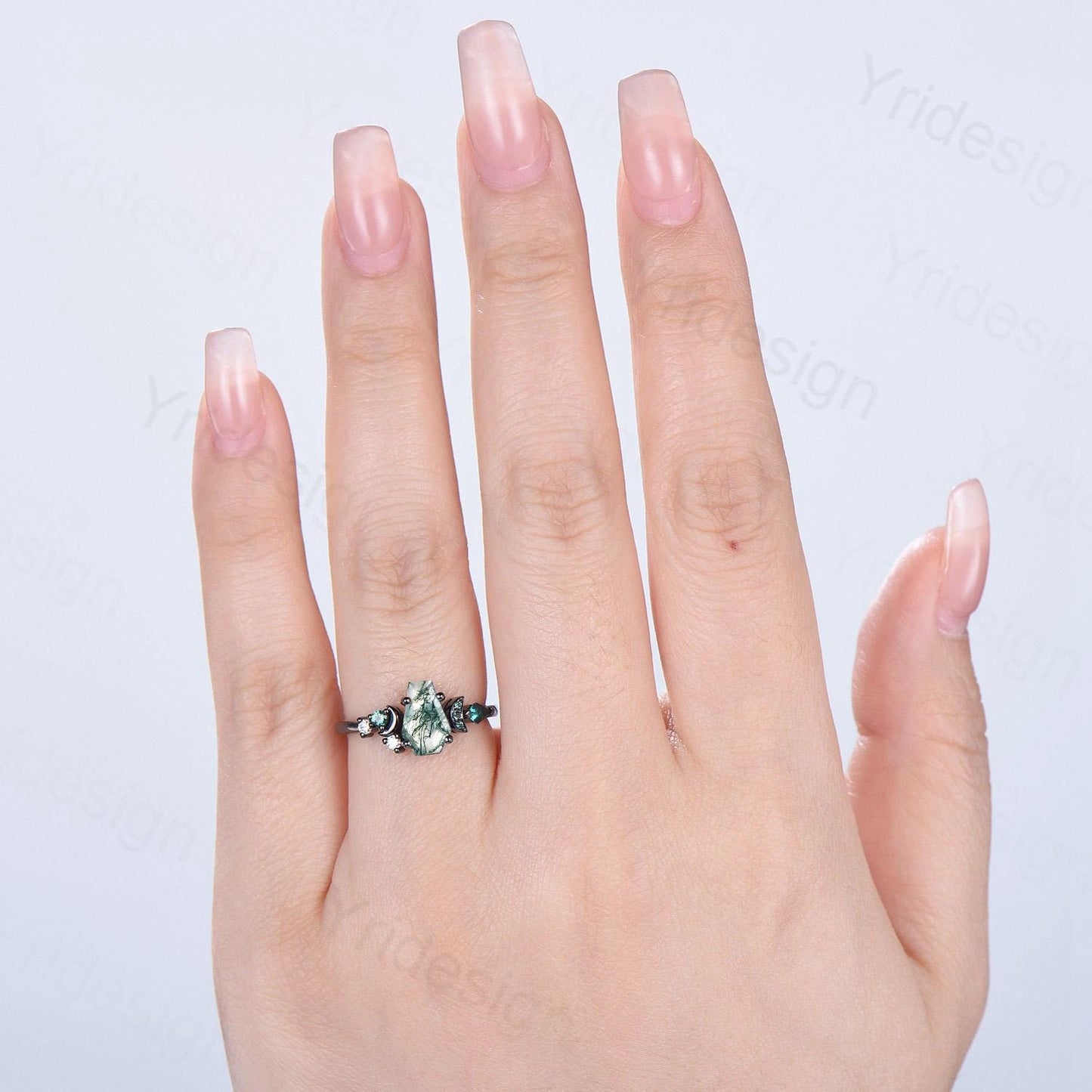 Coffin cut moss agate ring Black gold gothic engagement ring moon design cluster emerald wedding ring unique anniversary promise ring women
