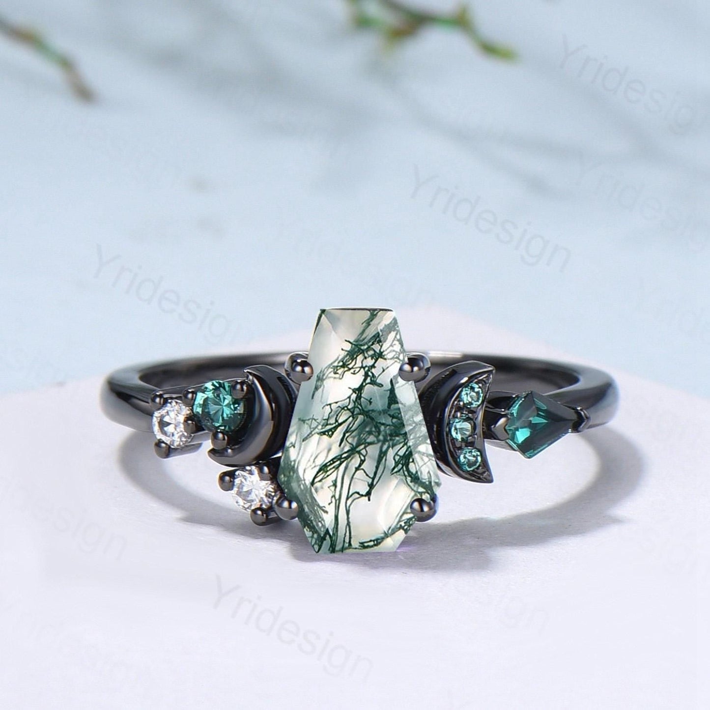 Coffin cut moss agate ring Black gold gothic engagement ring moon design cluster emerald wedding ring unique anniversary promise ring women
