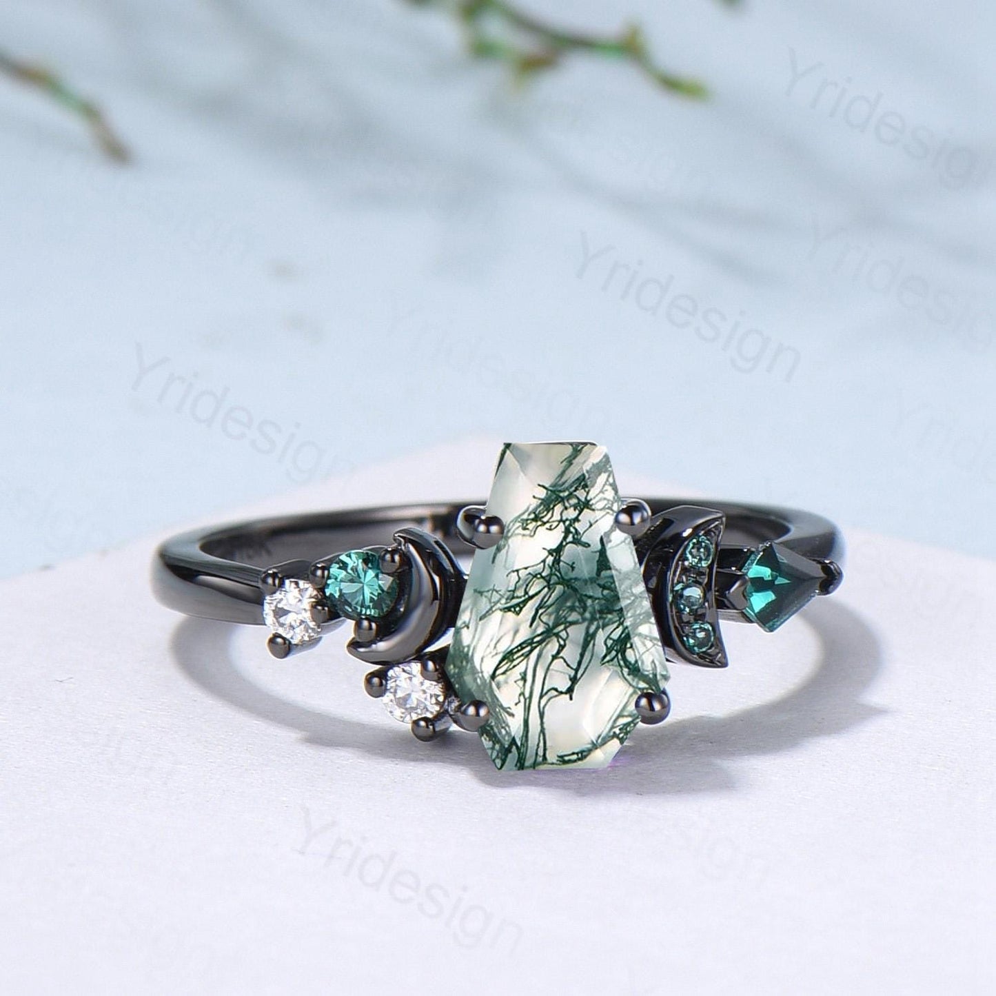 Coffin cut moss agate ring Black gold gothic engagement ring moon design cluster emerald wedding ring unique anniversary promise ring women
