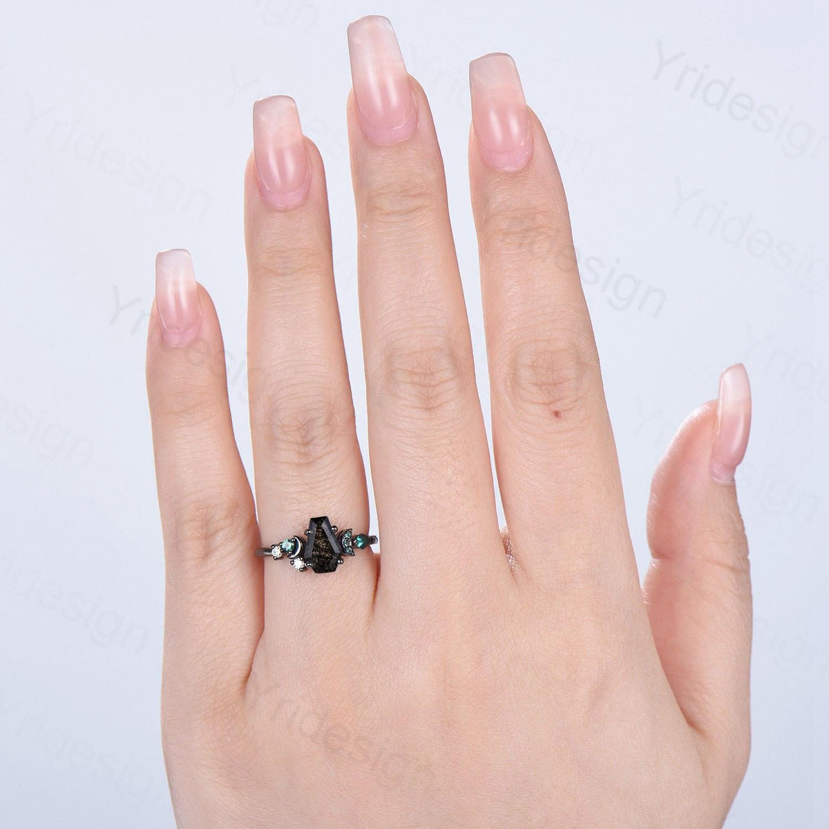 Coffin cut black rutilated quartz ring Black gold gothic engagement ring moon cluster emerald wedding ring anniversary promise ring for girl