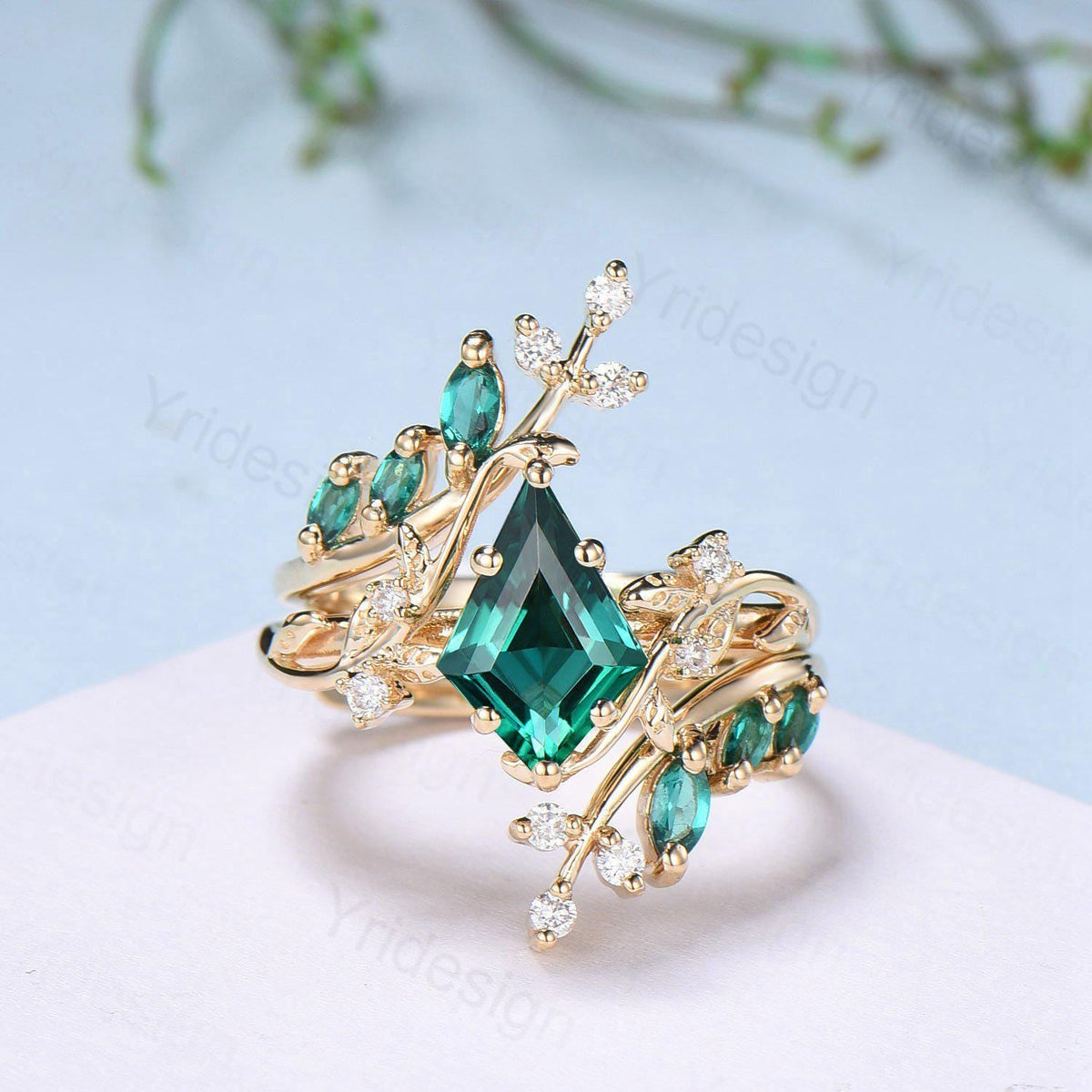 18K yellow gold kite cut emerald engagement ring set cluster emerald diamond engagement ring nature inspired may birthstone wedding ring set
