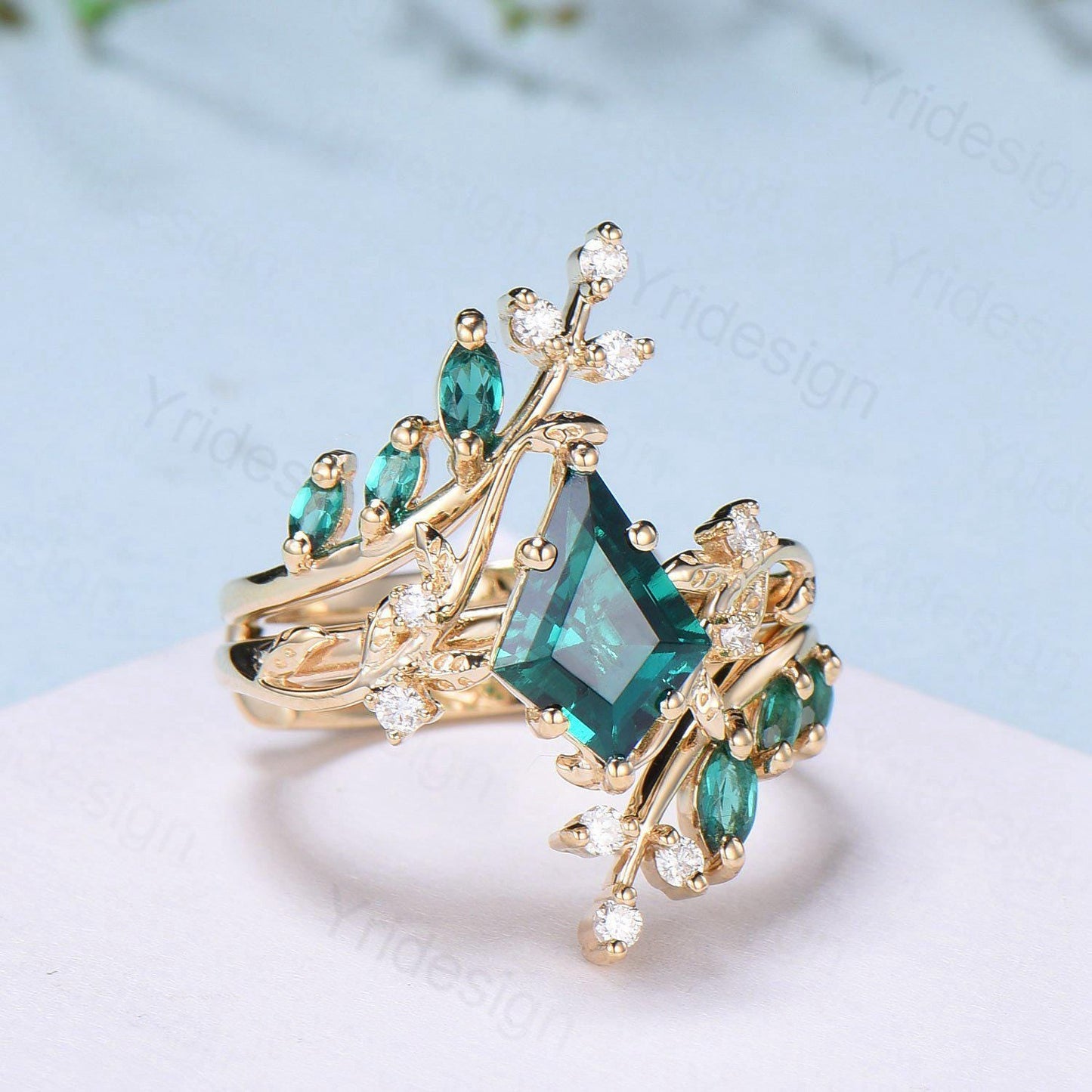 18K yellow gold kite cut emerald engagement ring set cluster emerald diamond engagement ring nature inspired may birthstone wedding ring set