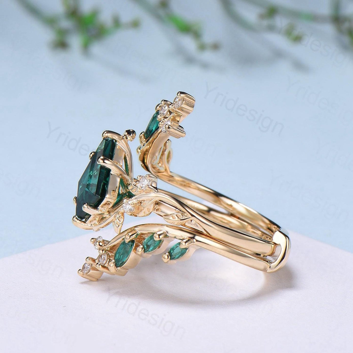 18K yellow gold kite cut emerald engagement ring set cluster emerald diamond engagement ring nature inspired may birthstone wedding ring set