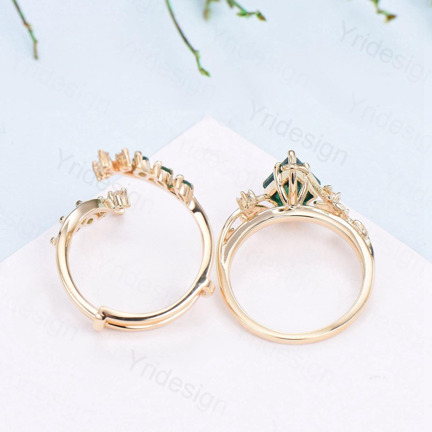 18K yellow gold kite cut emerald engagement ring set cluster emerald diamond engagement ring nature inspired may birthstone wedding ring set