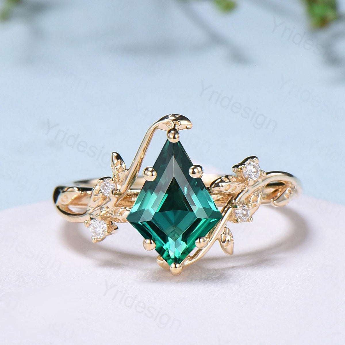 18K yellow gold kite cut emerald engagement ring set cluster emerald diamond engagement ring nature inspired may birthstone wedding ring set