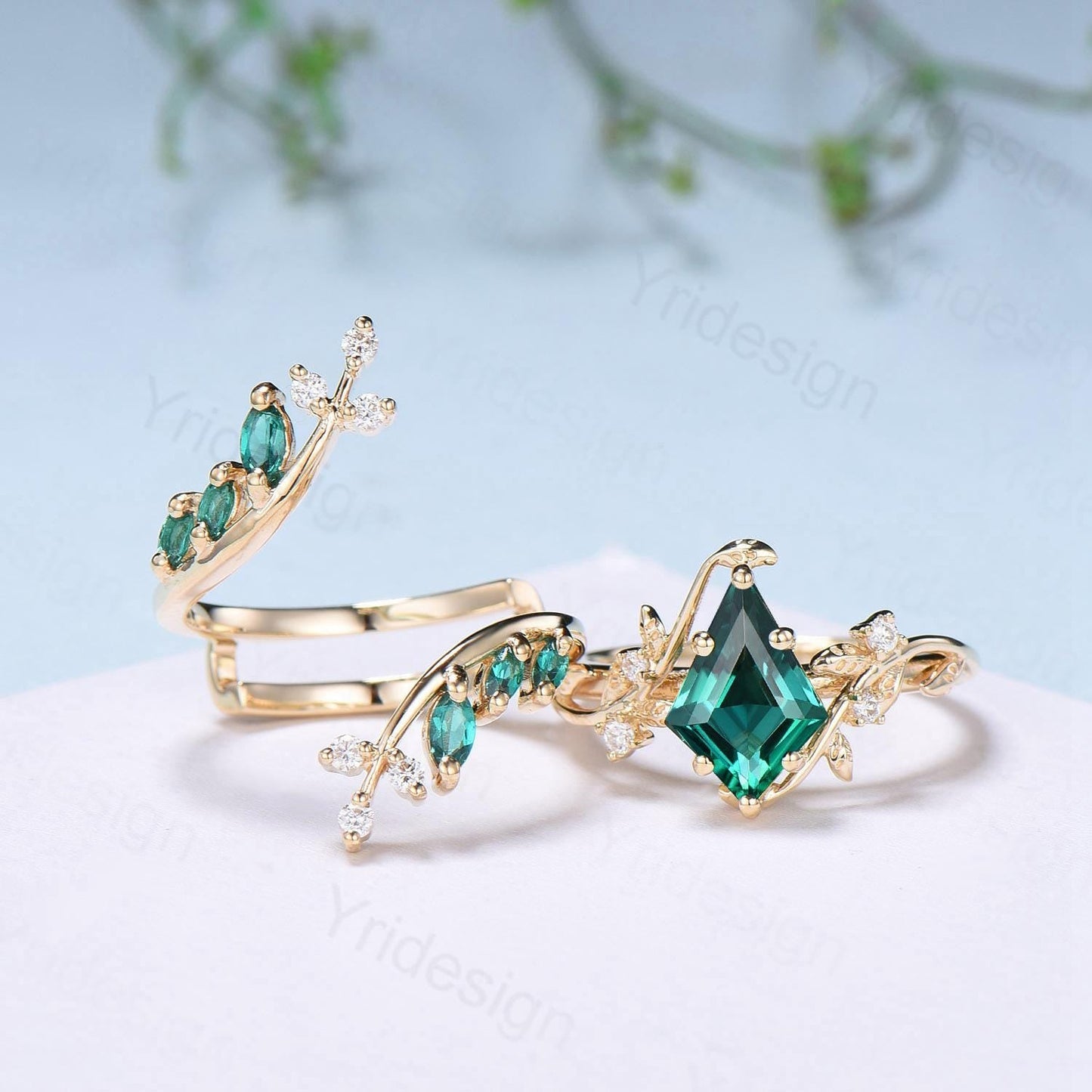 18K yellow gold kite cut emerald engagement ring set cluster emerald diamond engagement ring nature inspired may birthstone wedding ring set