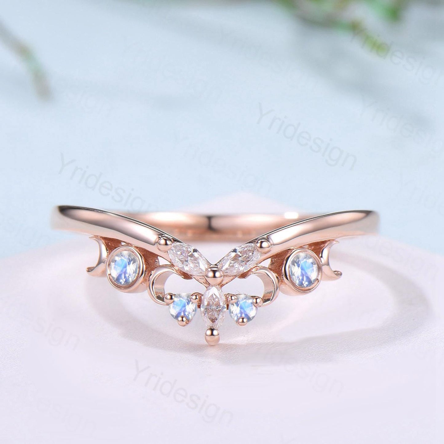 Curved Moonstone Wedding Band 14k rose gold celtic knot Marquise cut wedding ring Unique Stacking matching ring Promise Anniversary band