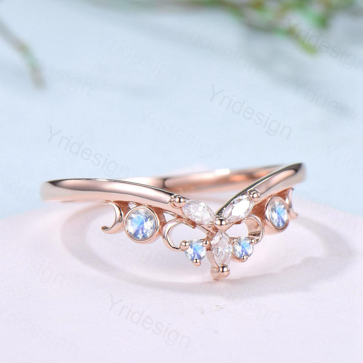 Curved Moonstone Wedding Band 14k rose gold celtic knot Marquise cut wedding ring Unique Stacking matching ring Promise Anniversary band