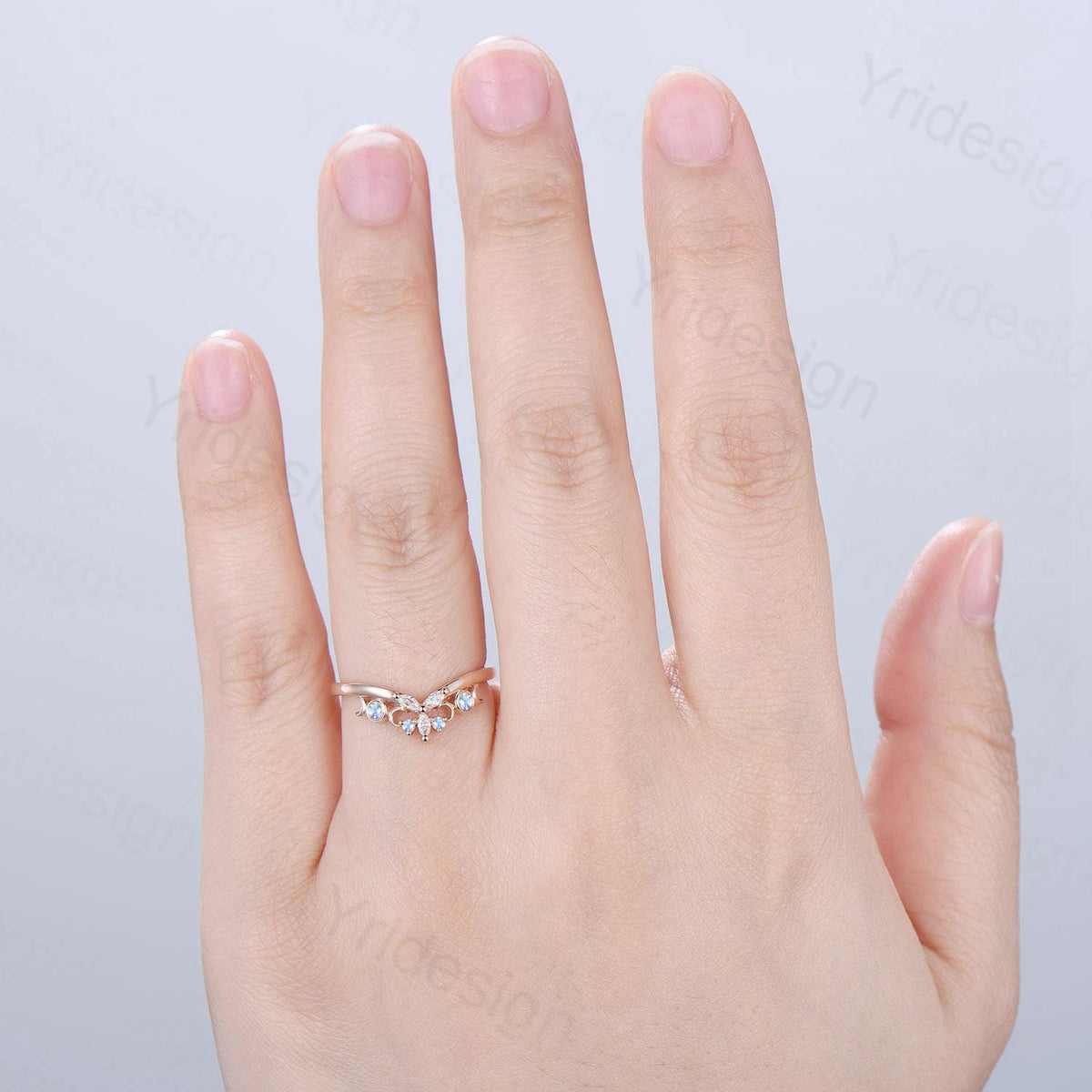 Curved Moonstone Wedding Band 14k rose gold celtic knot Marquise cut wedding ring Unique Stacking matching ring Promise Anniversary band