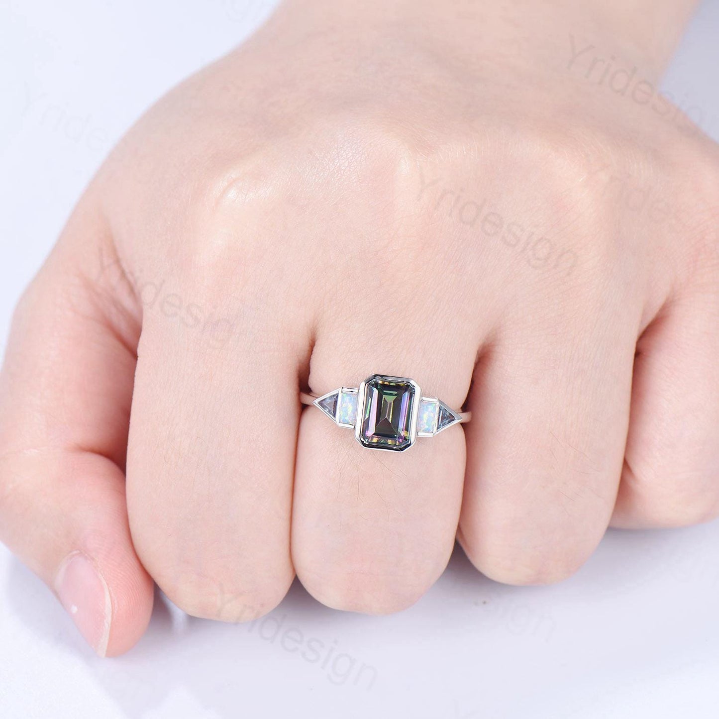 Vintage emerald cut mystic topaz engagement ring Baguette white opal trillion cut alexandrite band unique topaz five stone anniversary ring
