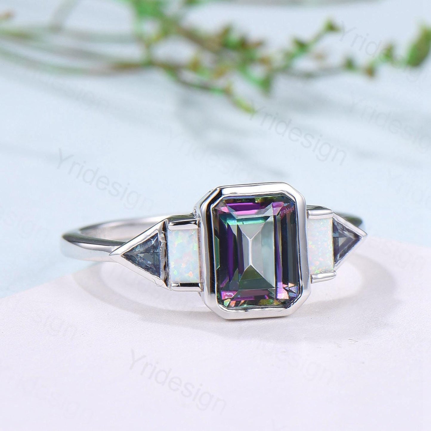 Vintage emerald cut mystic topaz engagement ring Baguette white opal trillion cut alexandrite band unique topaz five stone anniversary ring