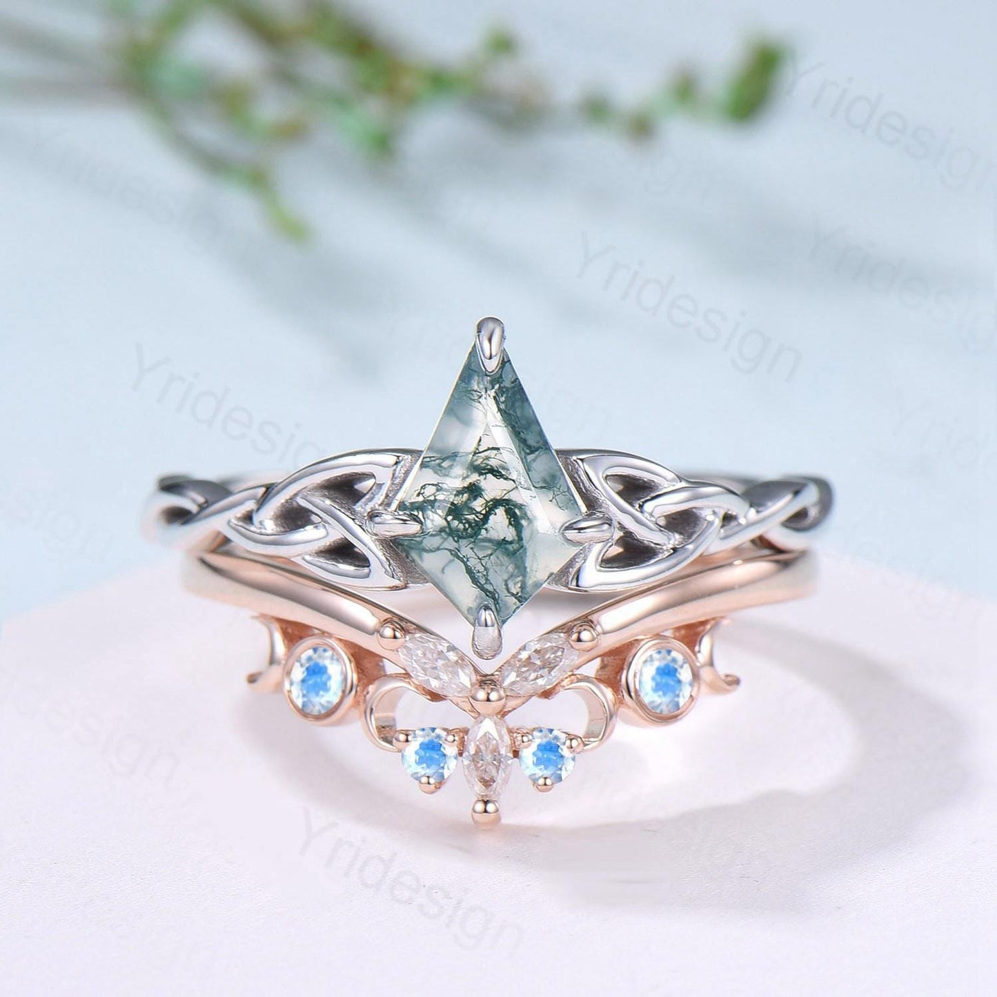 Norse Viking Kite Cut Moss Agate Engagement Ring Set Celtic Love Knot Moonstone Wedding Band Vintage Unique Twisted Green Crystal Bridal Set
