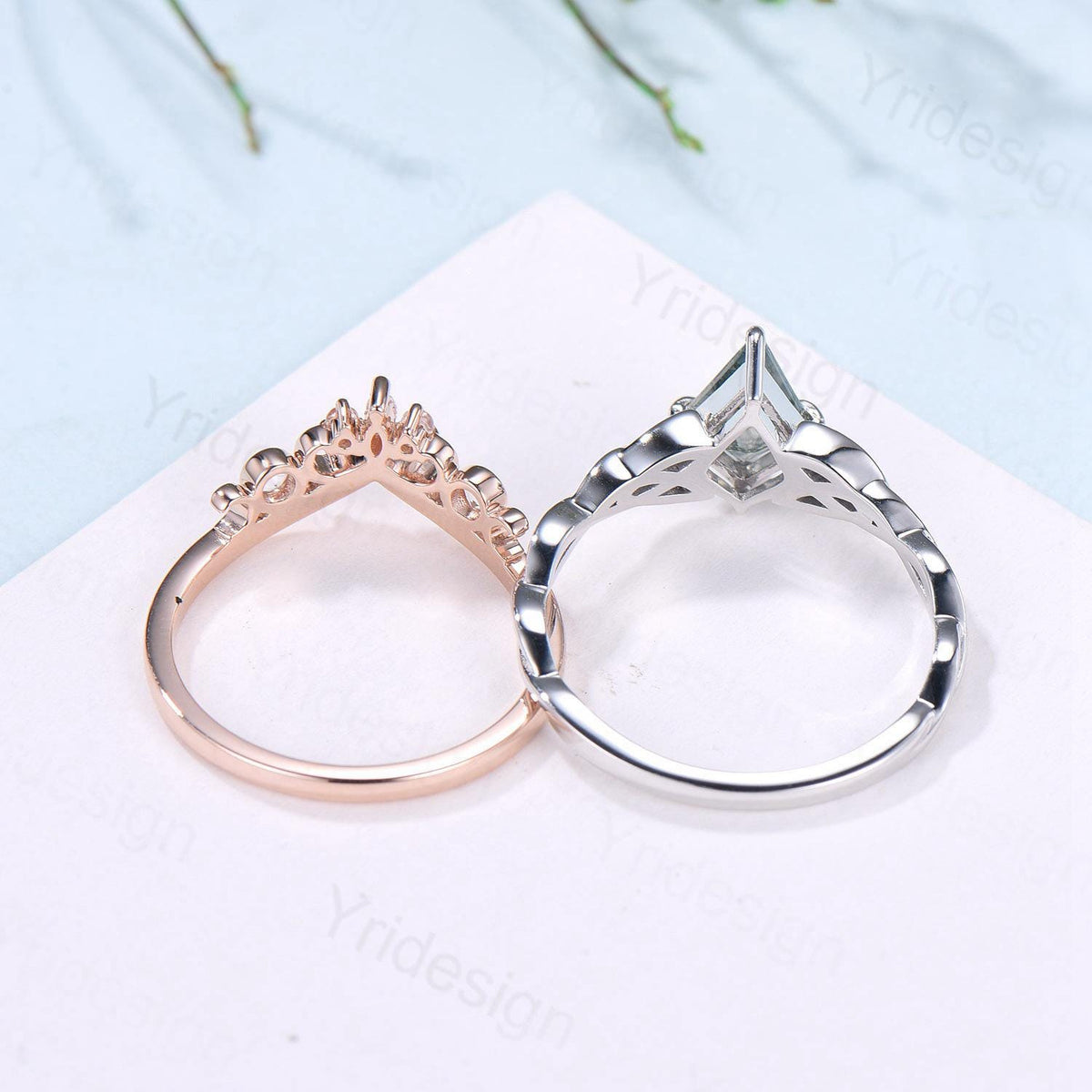 Norse Viking Kite Cut Moss Agate Engagement Ring Set Celtic Love Knot Moonstone Wedding Band Vintage Unique Twisted Green Crystal Bridal Set