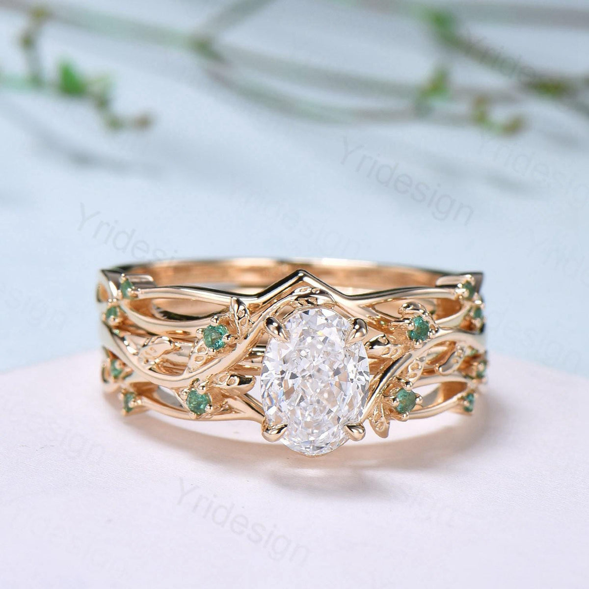 Natural Inspired Lab Grown Diamond Engagement Ring Set Certificate 1.5CT Oval Lab Diamond Emerald Wedding Set Cluster Leaf Branch Bridal Set