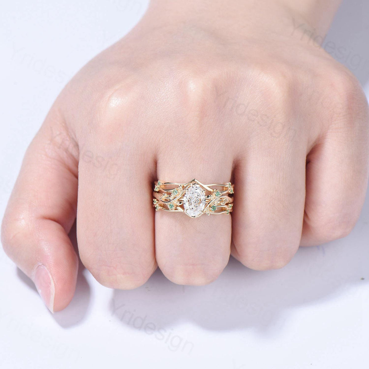 Natural Inspired Lab Grown Diamond Engagement Ring Set Certificate 1.5CT Oval Lab Diamond Emerald Wedding Set Cluster Leaf Branch Bridal Set