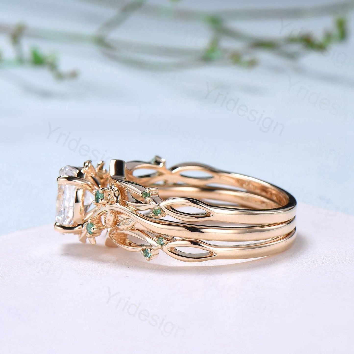 Natural Inspired Lab Grown Diamond Engagement Ring Set Certificate 1.5CT Oval Lab Diamond Emerald Wedding Set Cluster Leaf Branch Bridal Set